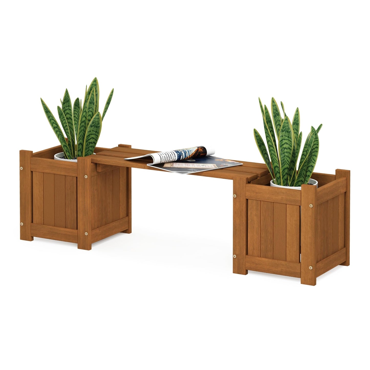Furinno TIOMAN Mini Planter Box with Bench, Hardwood Flower Box with Seat, Cube Garden Box, in Teak Oil, Outdoor Indoor, Garden, Patio, Balcony, Light Wood