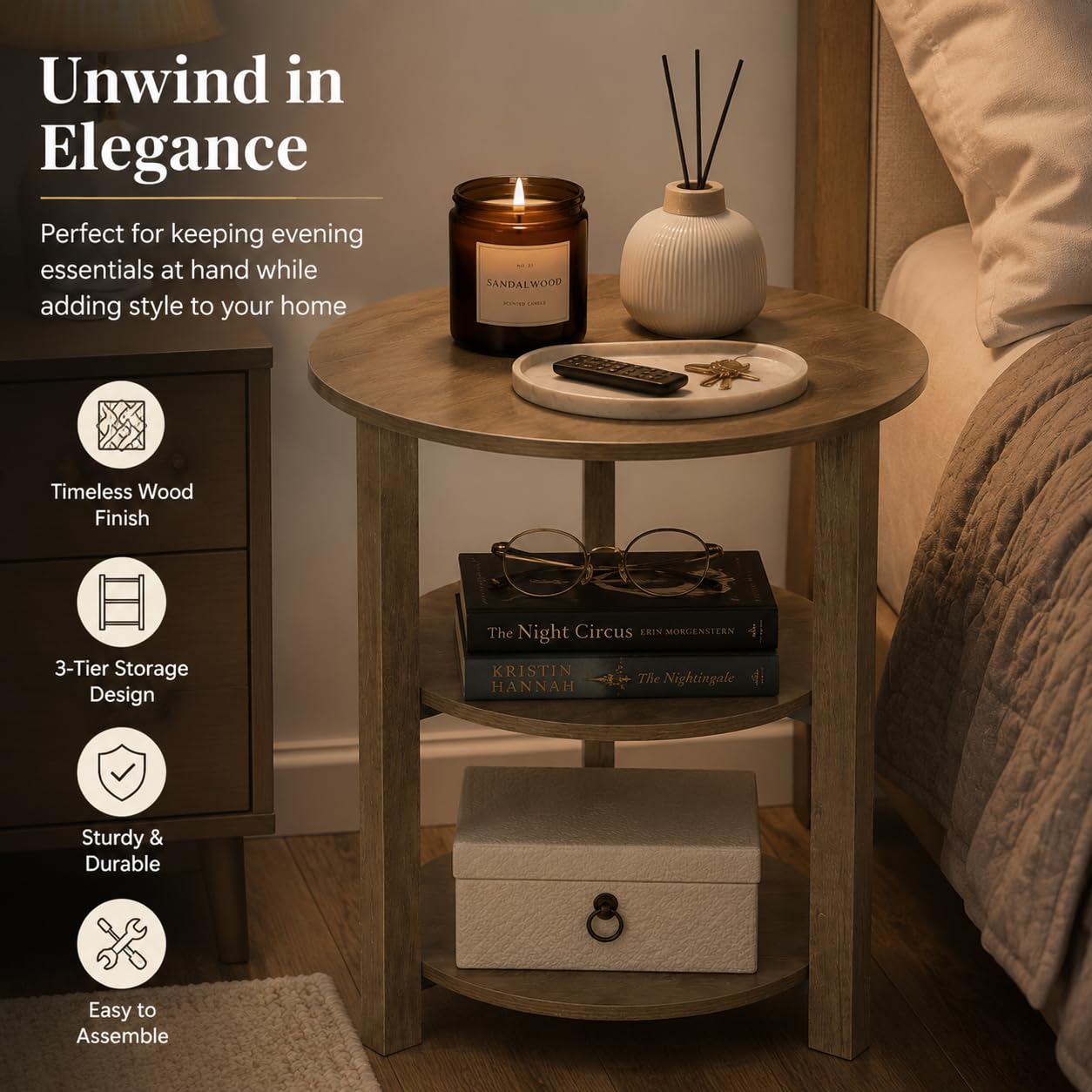 ZEXVIDA Farmhouse 3-Tier Round Side Table, 17.7 * 21.7 Inch Small End Table for Living Room, Wooden Bedside Table Nightstand with Open Storage, Industrial Accent Table for Small Spaces,Oak