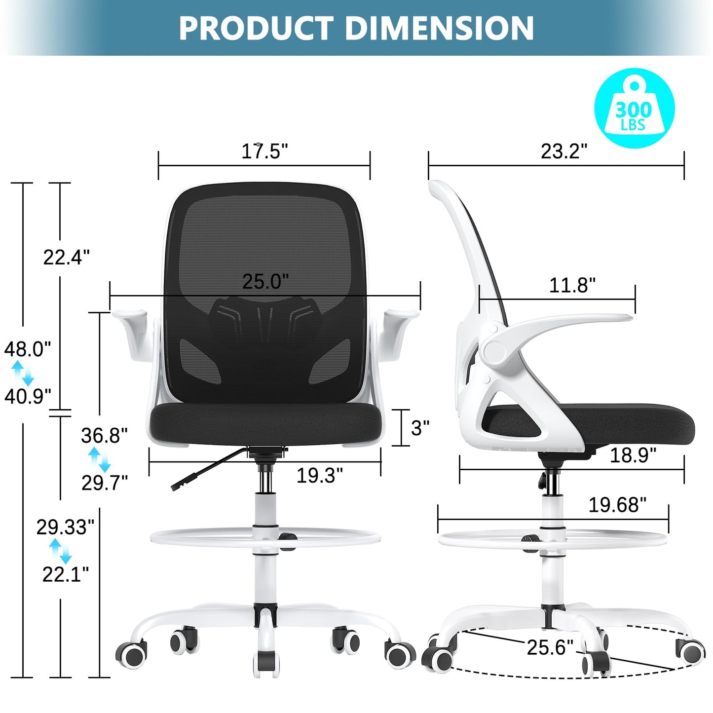 Kensaker Drafting Chair Tall Office Chair, Ergonomic Standing Desk Chair with Adjustable Foot Ring and Flip-up Armrests, Mesh Computer Chair for Art Studio, 300 LBS, White