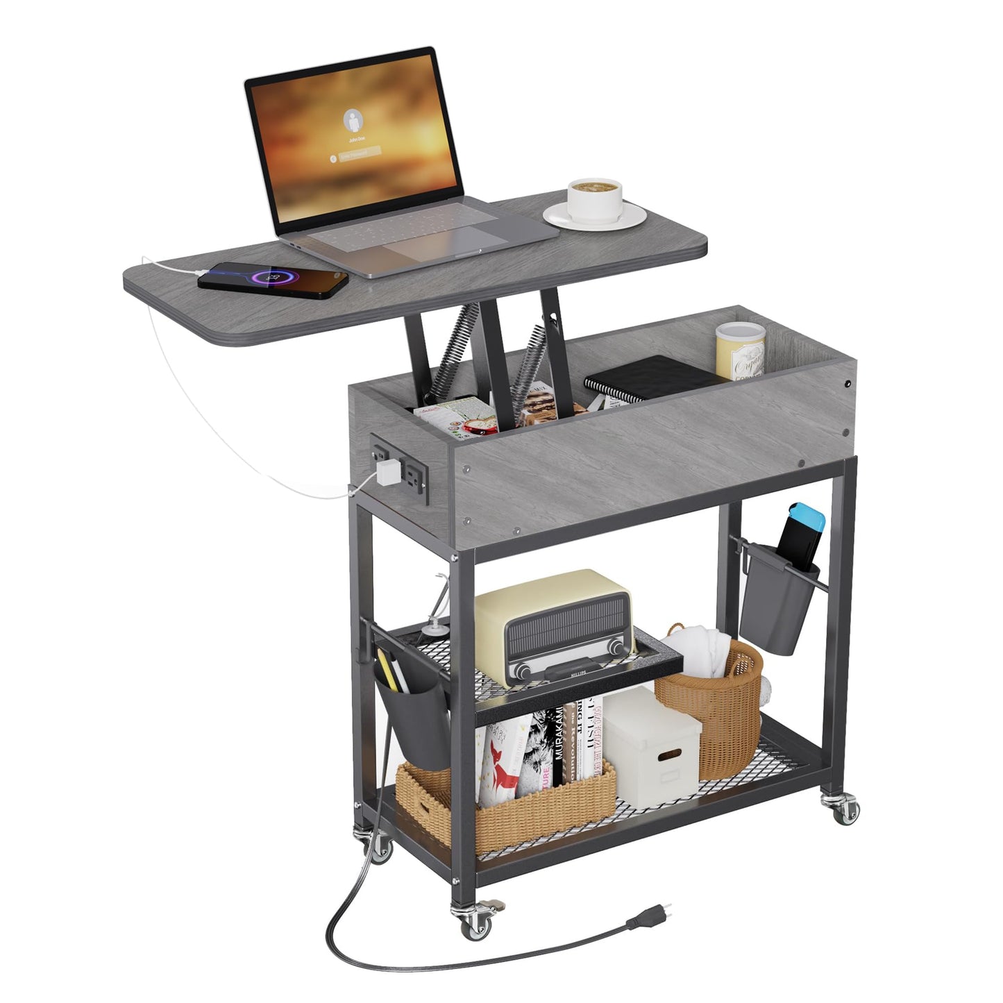 Colima Lift Top End Table with Charging Station and Wheels, Sofa Side Table with USB Port & AC Outlets, Movable Bedside Nightstand with Side Bag for Office Living Room Bedroom(Gray)