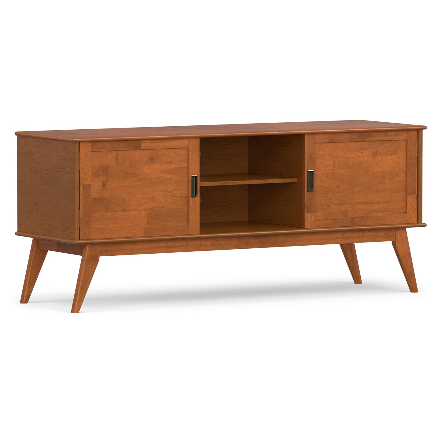 SIMPLIHOME Draper TV Stand - 60 inch Wide Solid Wood Low Media Console in Teak Brown, Mid Century Modern Entertainment Center for Living Room for TVs up to 65 Inches with Cabinets and Cable Management
