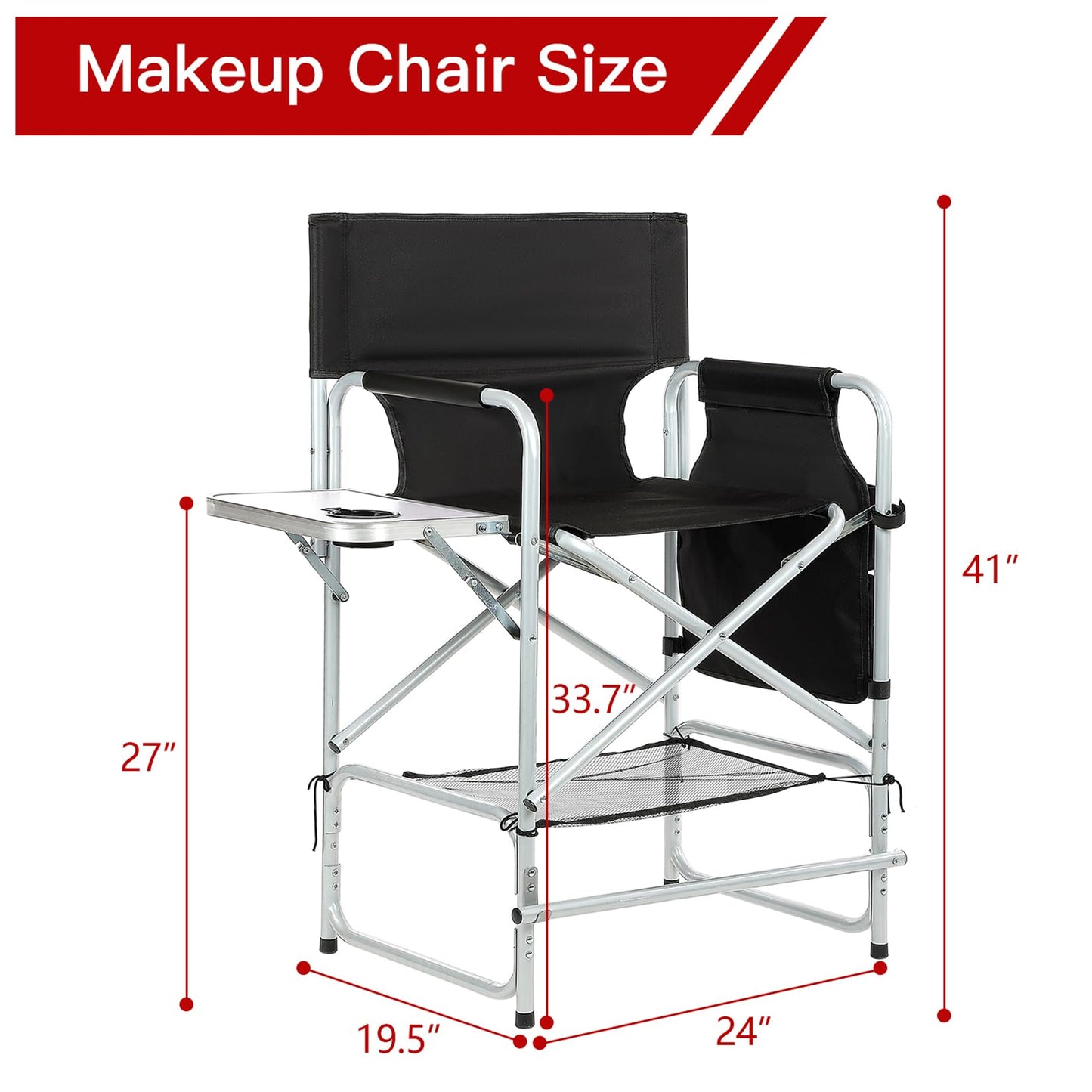 ZIXNEXKOO Tall Makeup Chair 41'', Director Chair 600 lbs Foldable Portable, Makeup Chair for Makeup Artist with Table, Cup Holder, Storage Bag & Footrest