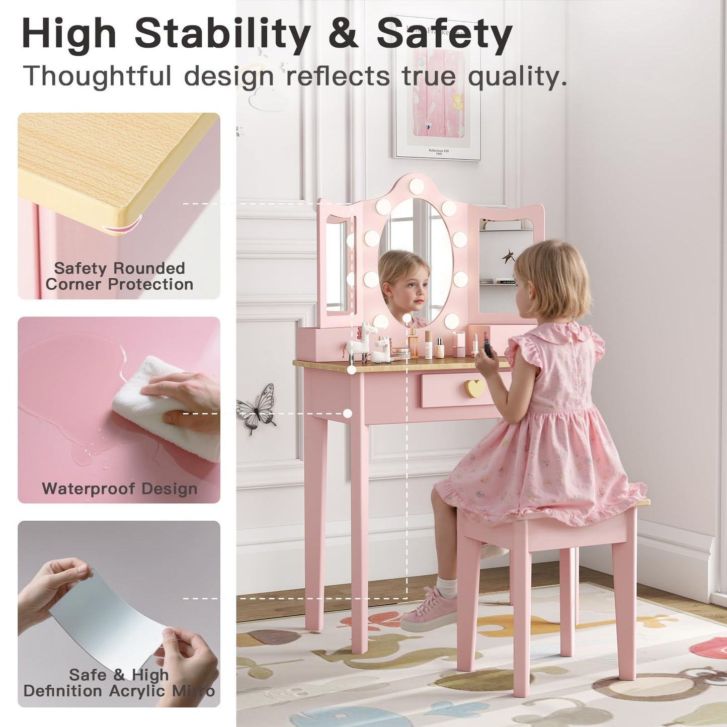 labebe Kids Vanity, Girls Vanity Desk with LED Changing Lights, Pretend Play Princess Vanity Set, Wooden Toddler Makeup Desk Dressing Table with Drawer and Chair (Pink)