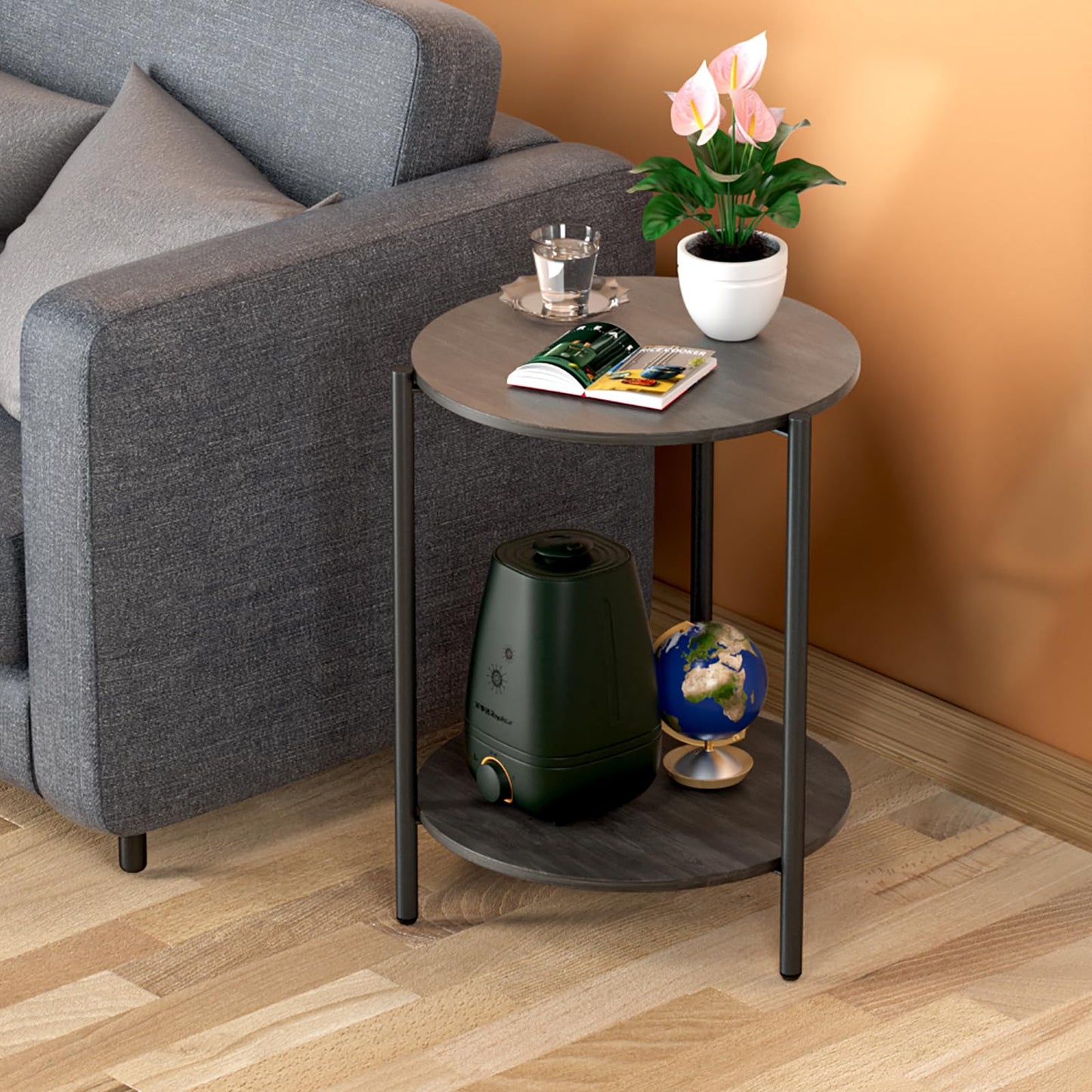 Kasrikly Round Coffee Table, 2-Tier 32.9" Circle Coffee Tables with Storage Wood Rustic Farmhouse Center Circular Coffee Table for Living Room Bedroom Balcony Office - Walnut