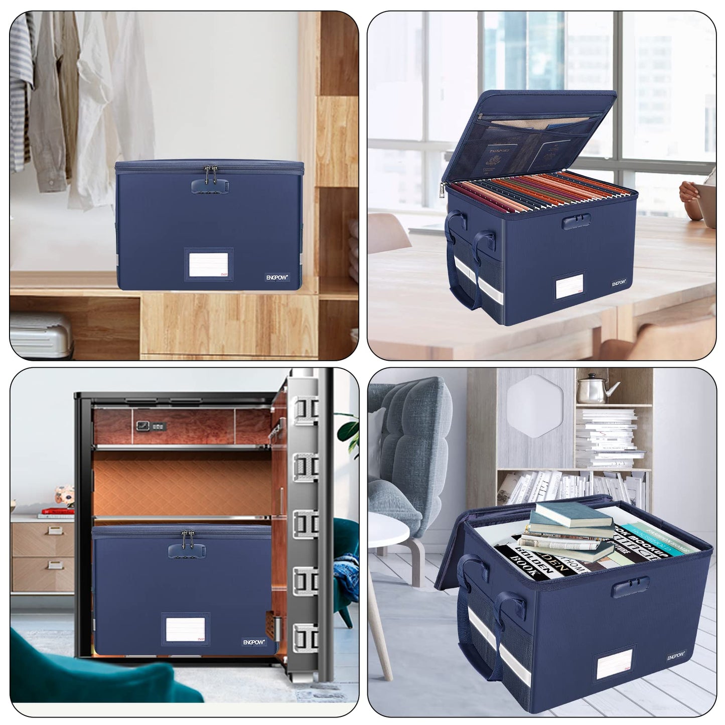 ENGPOW File Box with Lock, Fireproof Document Box with Zipper＆Pockets, Collapsible File Organizer Filing Storage Cabinet with Handle, Portable Home Office Safe for Hanging Letter/Legal Folder, Blue