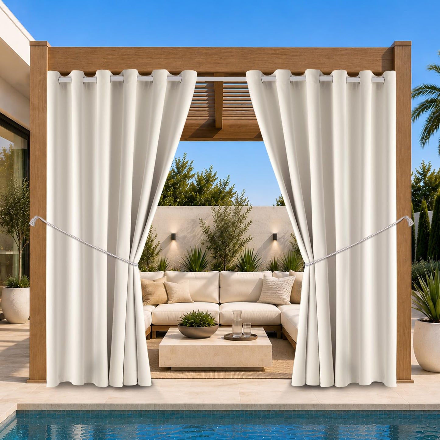 DIVA EN CAMINO DEC Outdoor Patio Curtain Waterproof Darkening Thermal Insulated Indoor Curtains for Bedroom, Porch, Living Room, Pergola, Cabana, W84 x L95, Cream, Set of 2 Panels