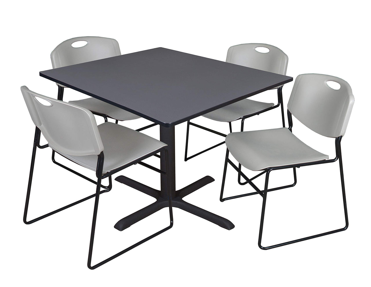 Romig Pillar 48 in. Square X-Base Breakroom Table- Grey & 4 Zeng Stack Chairs- Grey