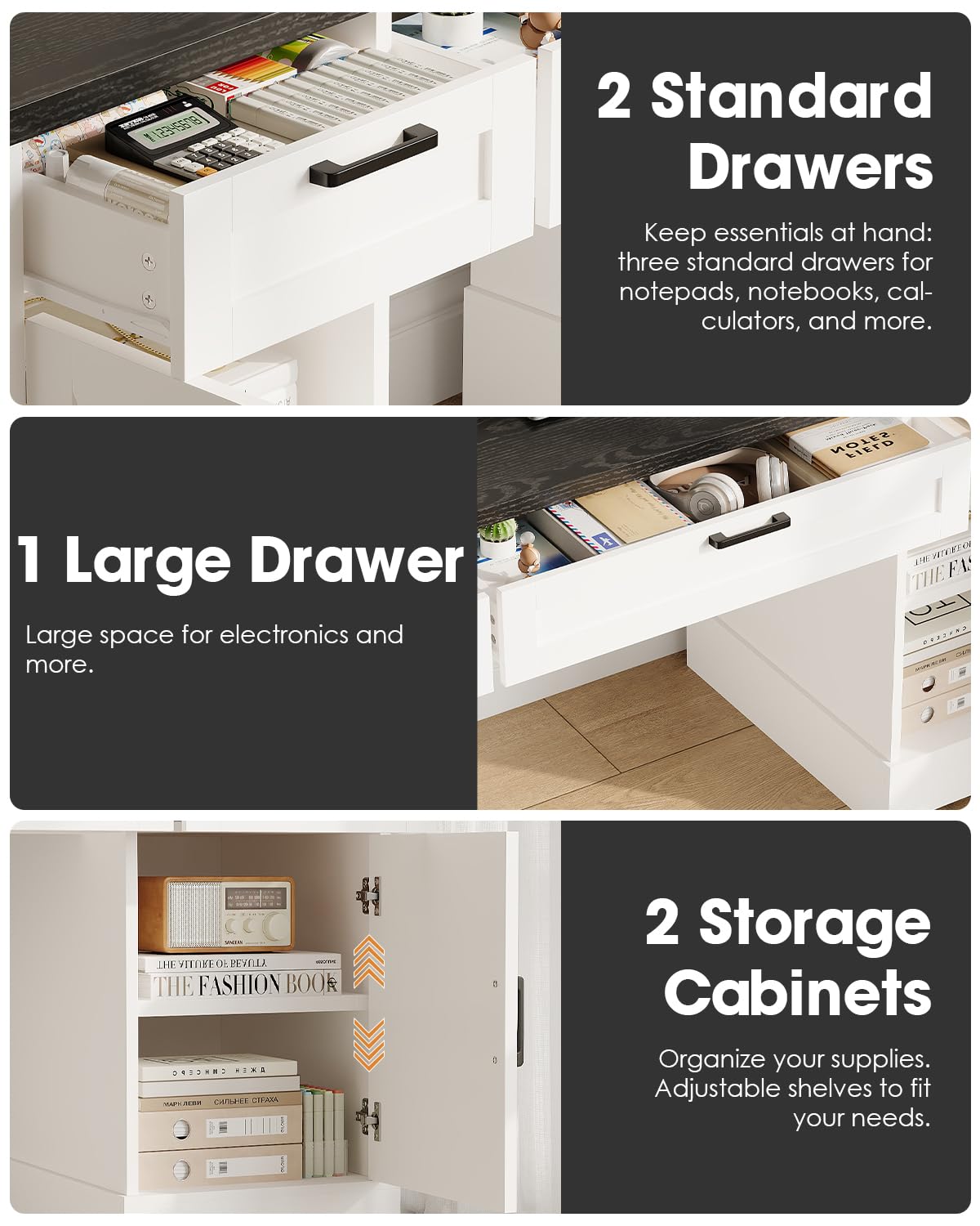 HOPUBUY Farmhouse Executive Desk with File Drawers,Wood Home Office Desk w/Charging Station,Adjustable Storage Cabinets,White Computer Writing Desk for Work,Study