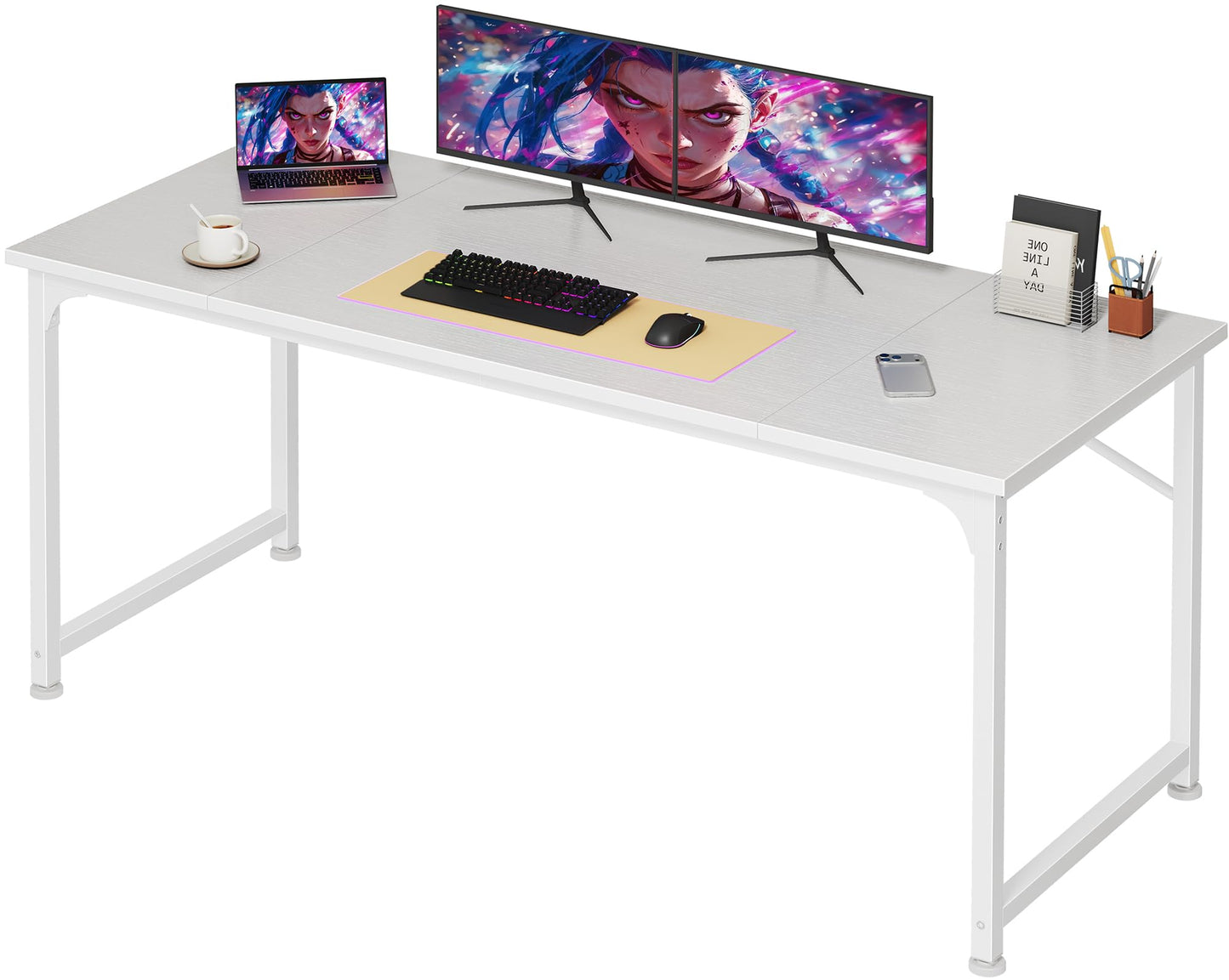 PRAISUN 55 Inch Computer Desk, Home Office Desk with Spacious Desktop, Modern Gaming Desk, Writing Study Table for Bedroom, Small Spaces, Work from Home Desk with Metal Frame, White