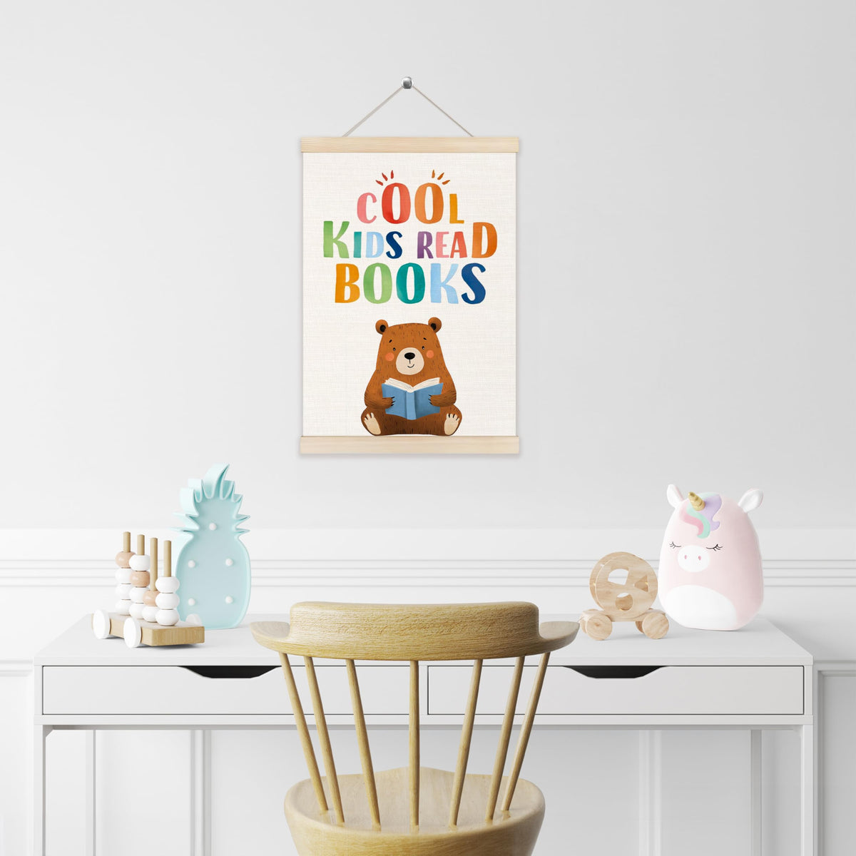 Koesus Cool Kids Read Books Wall Art Poster Hanger Frame 12x16 Inch, Reading Corner Decor for Classroom, Cute Bear Book Canvas Pictures Prints Framed Wall Decor for Kids Room Nursery Playroom