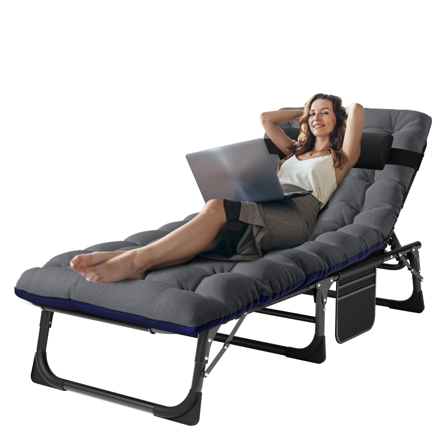 ABORON 3-in-1 Folding Lounge Chair with Padded Cushion, 440LB Heavy-Duty 3-Fold Adjustable Recliner & Guest Bed, No Assembly Portable Chaise Lounge for Patio, Poolside, Office Nap & Camping