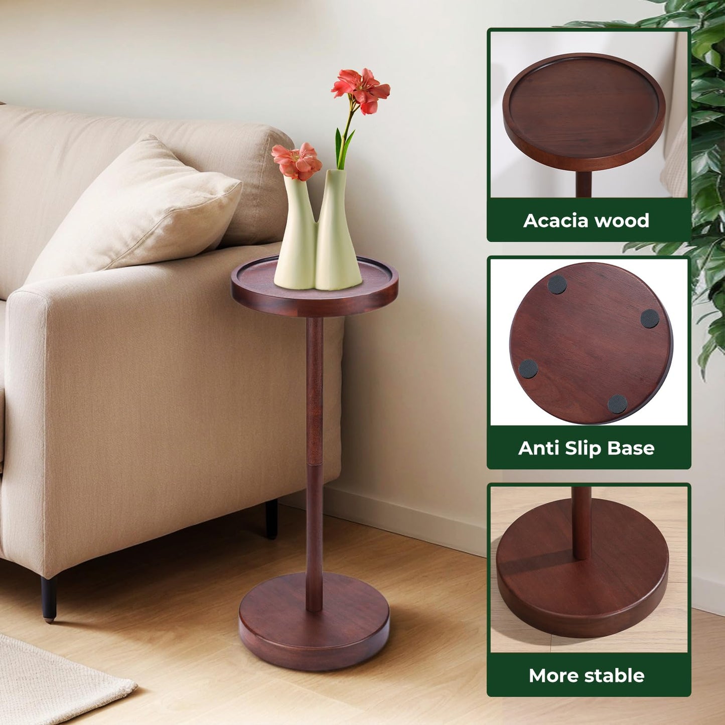 EVERBBKING Solid Acacia Wood Pedestal End Table - Small Round Martini Table