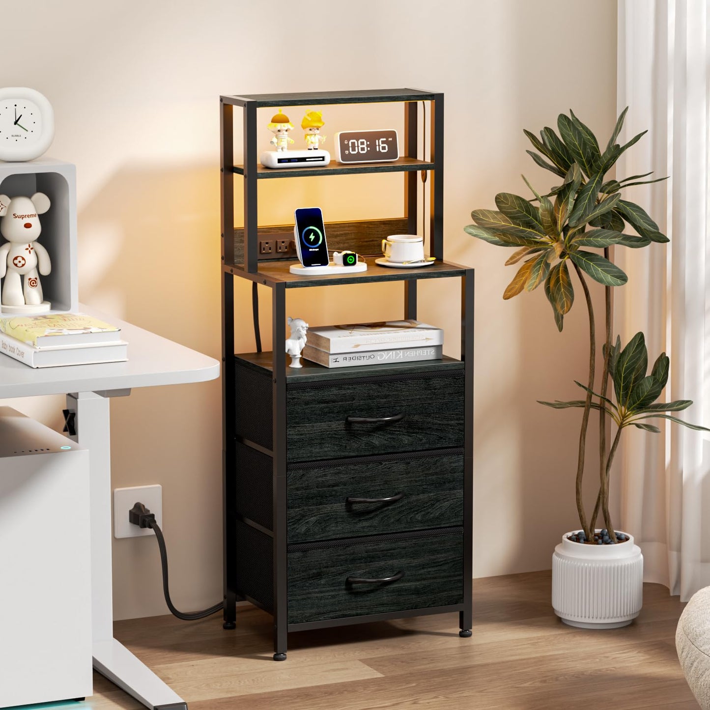Furnulem Night Stand, Tall Nightstand with 4-Tier Shelves and 3 Fabric Drawers, LED Bed Side Tables with Charging Station, Bedside Table for Bedroom, Hallway, Home Office, Black Oak
