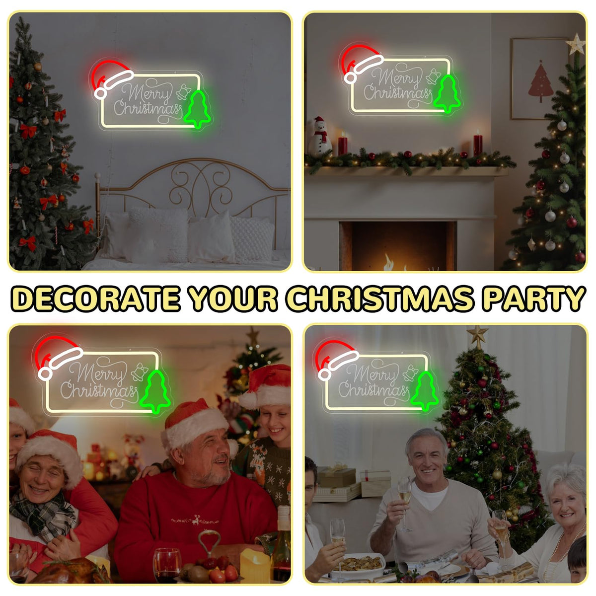 hhuohuona Merry Christmas Neon Sign Dimmable Neon Christmas Sign with Santa Hat & Tree Merry Xmas Light Up Signs for Wall Decor Holiday Gifts Decorations for Home