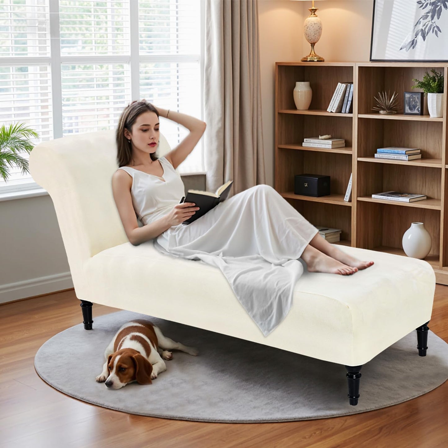 Velvet Chaise Lounge Cover Indoor Armless Chaise Slipcover Luxury High Stretch Ultra Soft Lounge Chair Covers Modern Machine Washable Chair Cover for Living Room Bedroom Furniture, Beige