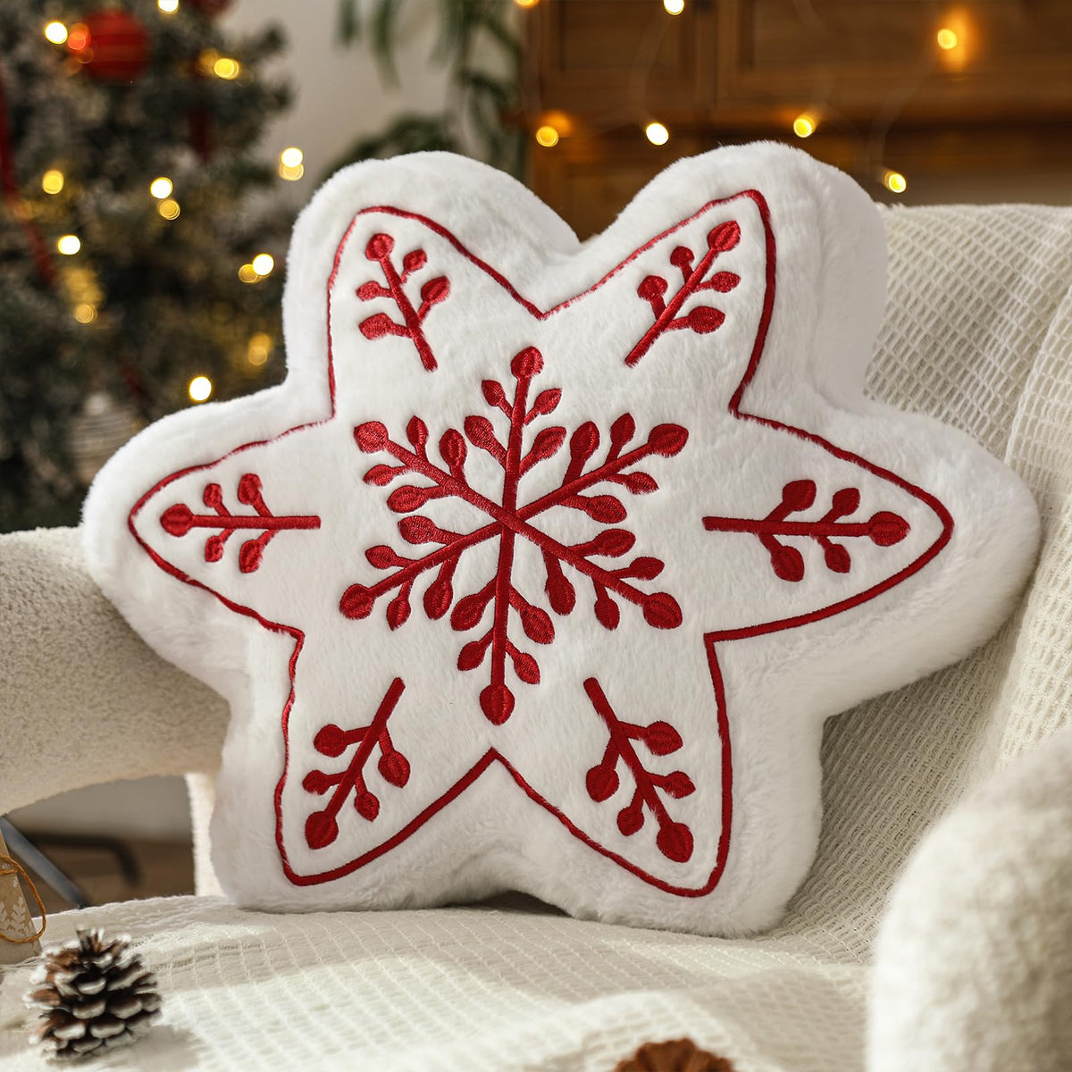 YRXRUS Christmas Snow Pillows, Snow Shaped Pillow, Small Cute Red Snowflake Pillow for Gifts, Christmas Decorations Throw Pillows for Party, Her, Kids, Girls Xmas Home Decor 13.5x13.5 Inches