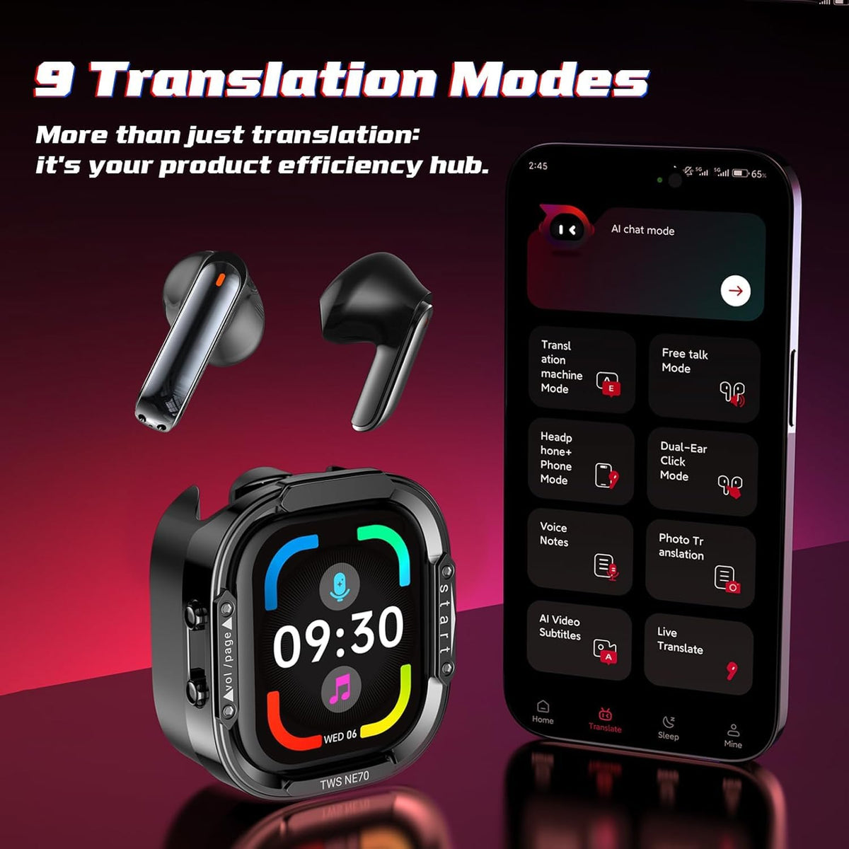 NE70 Earbuds, 2026 New NE70 AI Translation Earbuds in Real Time, Language Translator Headphones with LCD Touch Screen Audifonos Traductores Inglés Español Support 165 Languages for Travel Business