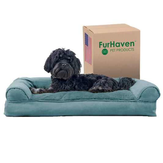 Furhaven Pillow Dog Bed for Medium/Small Dogs w/ Removable Bolsters & Washable Cover - Plush & Suede Sofa - Deep Pool, Medium