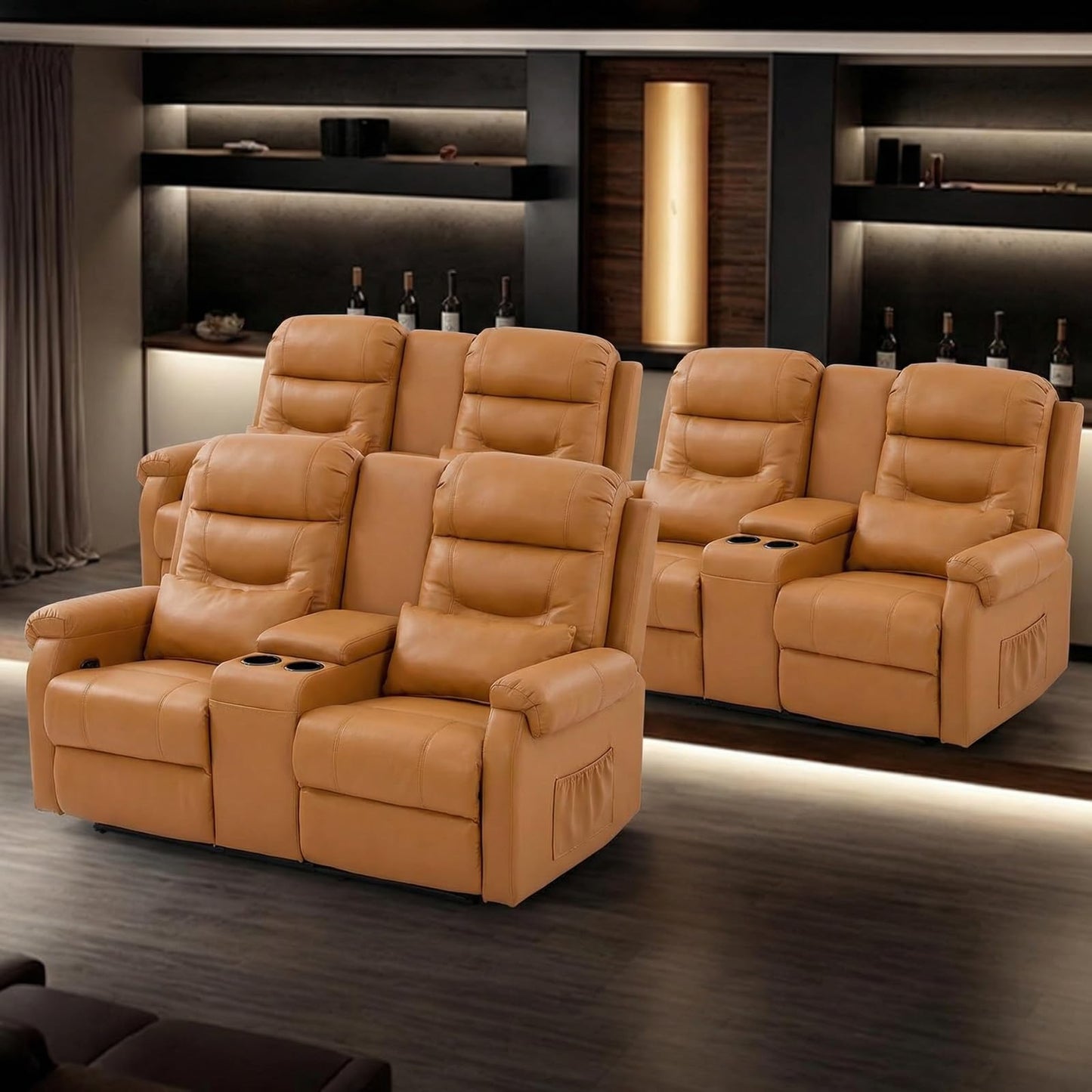 MANBUR RV Reclining Loveseat Sofa with Console, Wall Hugger Recliner Sofa, Double Recliner Home Movie Theater Seating with Cup Holders & Storage (Faux Leather Orange)