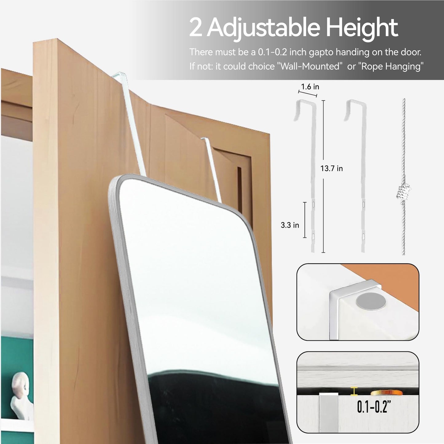 SCWF-GZ 47x14 Mirror Full Body Length Door Hanging/Rope Hang/Wall Mounted Metal Frame Rectangle Mirrors for Bedroom Bathroom Dressing Living Room 47 inch Silver