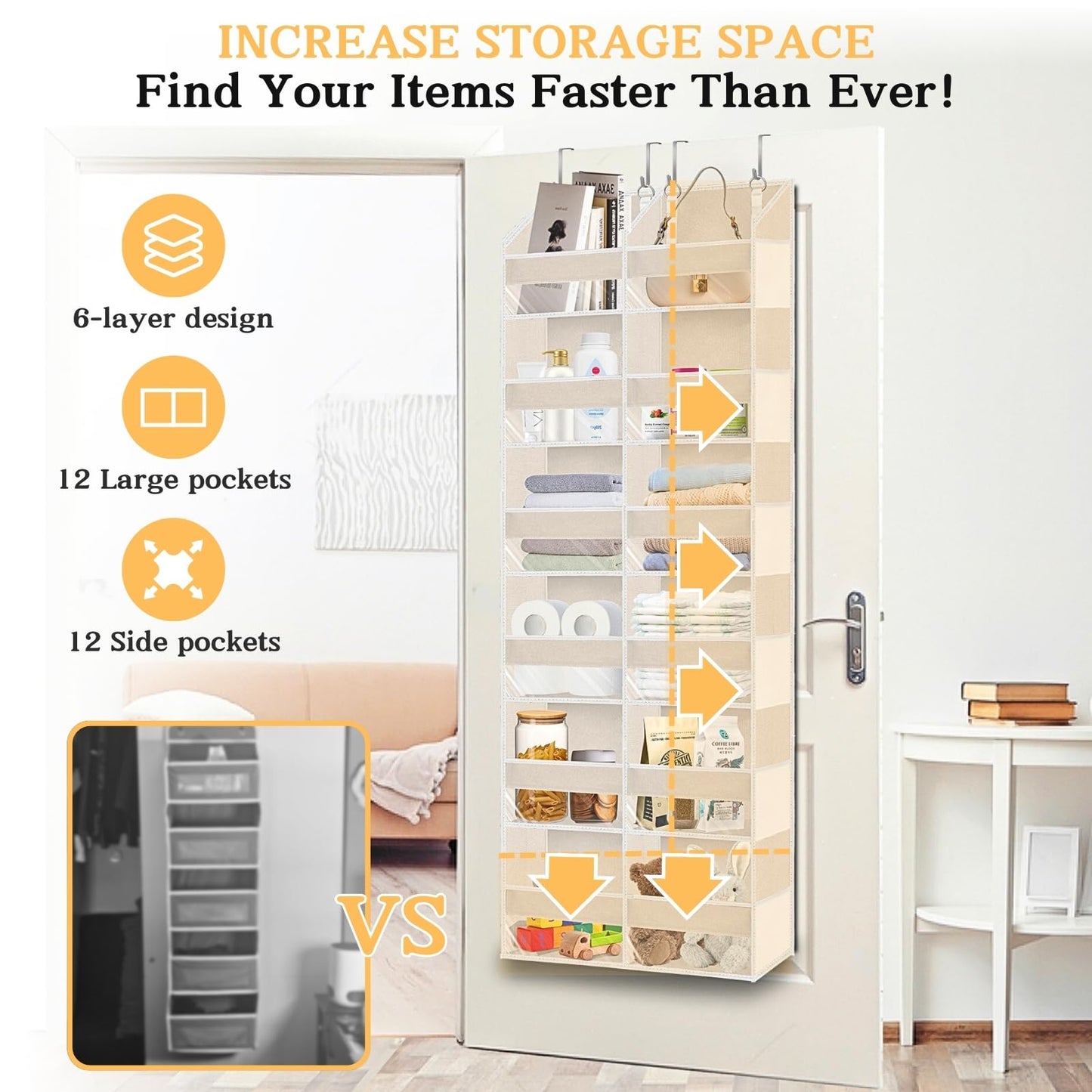 2 Pack Over The Door Organizer 6 Tiers, Extra Large Behind Door Storage of 12 Compartments, 80 lbs Weight Capacity Hanging Storage Organizer with Clear Window Kids Toys,Shoes (6 Tiers - Beige)