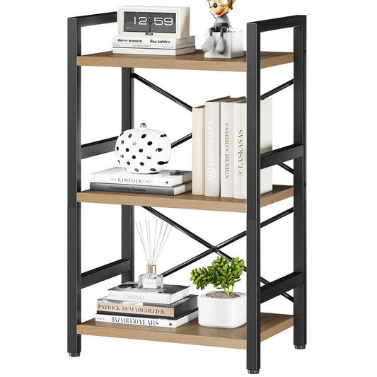 Homeiju Bookshelf, 3 Tier Industrial Bookcase, Metal Small Bookcase, Rustic Etagere Book Shelf Storage Organizer for Living Room, Bedroom, and Home Office(Light Coffee) Patent Pending D29873033