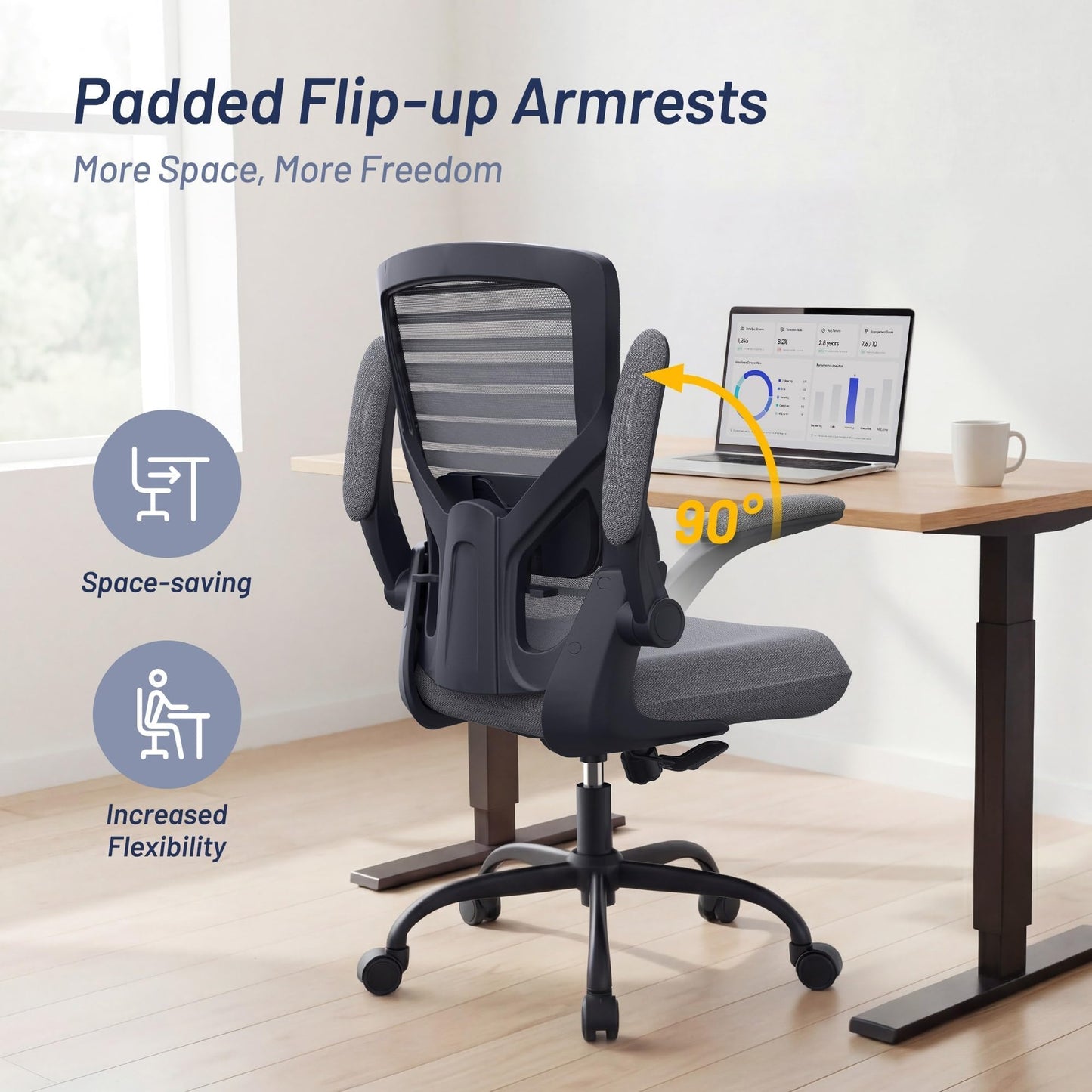 QLTPLUS Office Desk Chair for Long Hours & Back Pain Relief – 4“ Thick Molded Foam Cushion, Enhanced Lumbar Support, Padded Flip-up Armrests, Ideal for Office or Study, Dark Gray