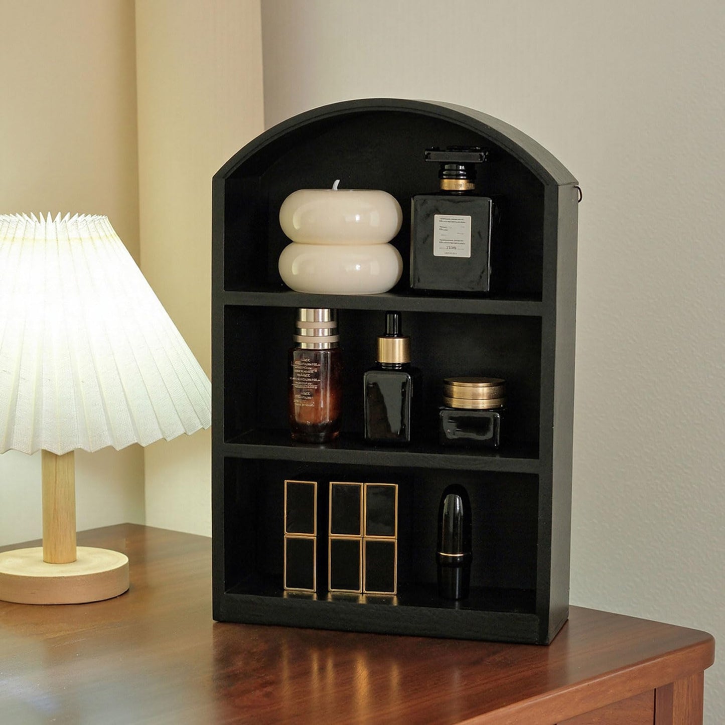 CAZSTYK Contemporary Wooden Desktop Storage Cabinet Glass Front Panel Multipurpose Home Decor Open Shelf Storage Box Wooden Desktop Planner