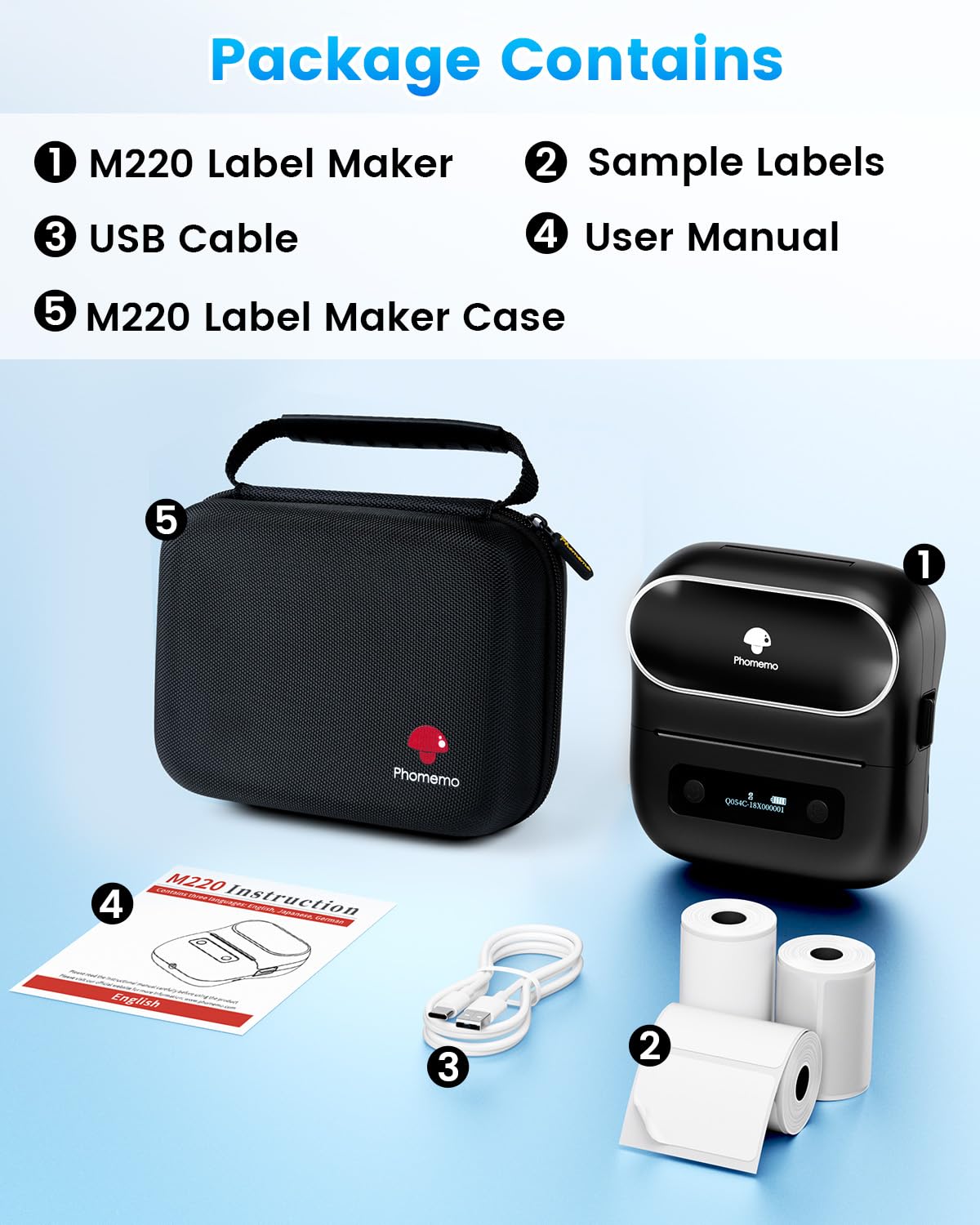 Phomemo Label Maker, M220 Thermal Label Printer, 80mm Portable Bluetooth Barcode Printer Compatible with Andriod/iOS for Home, Office, Small Business, with 3 Packs Label & Case