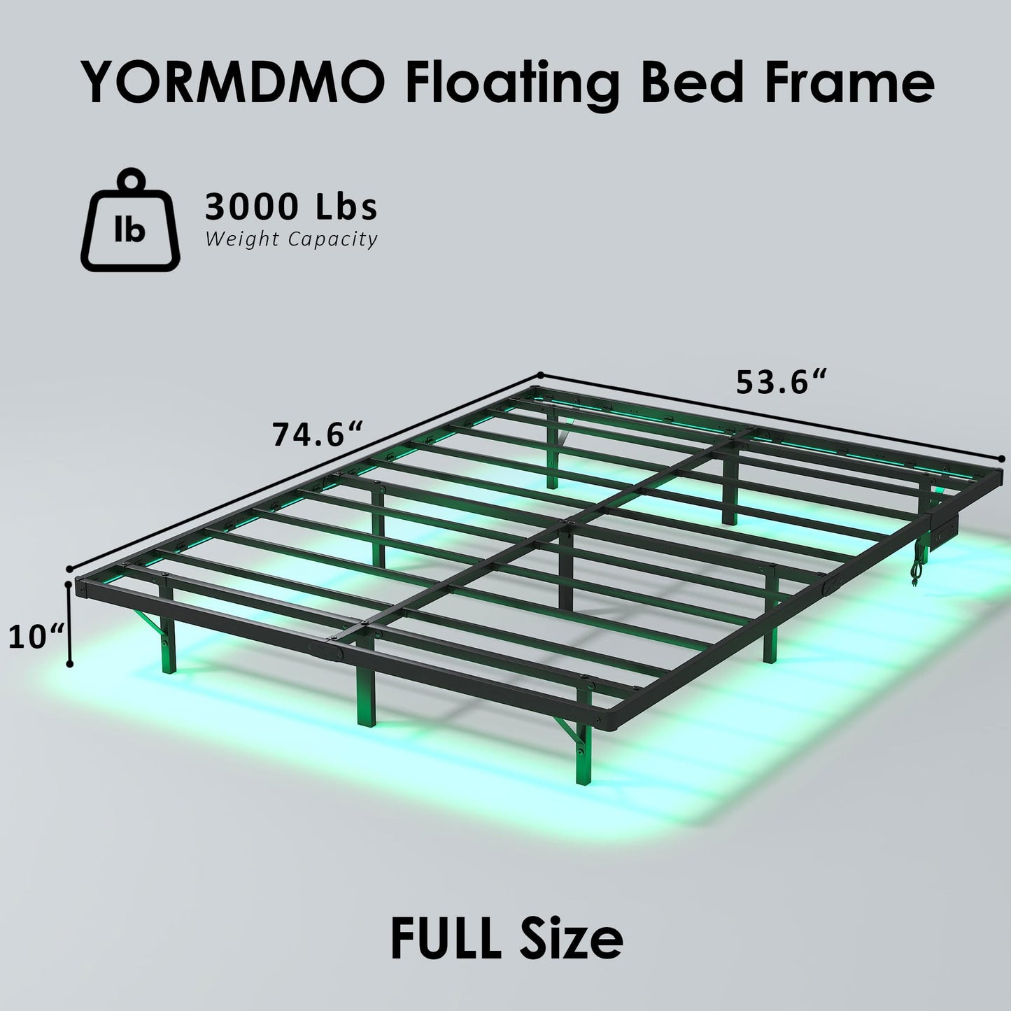 YORMDMO Floating Bed Frame Full Size, Heavy Duty Bedframe with Smart LED Lights & Charging Station, Modern Metal Platform Bed, Easy Assembly No Box Spring Needed, 10 Inch