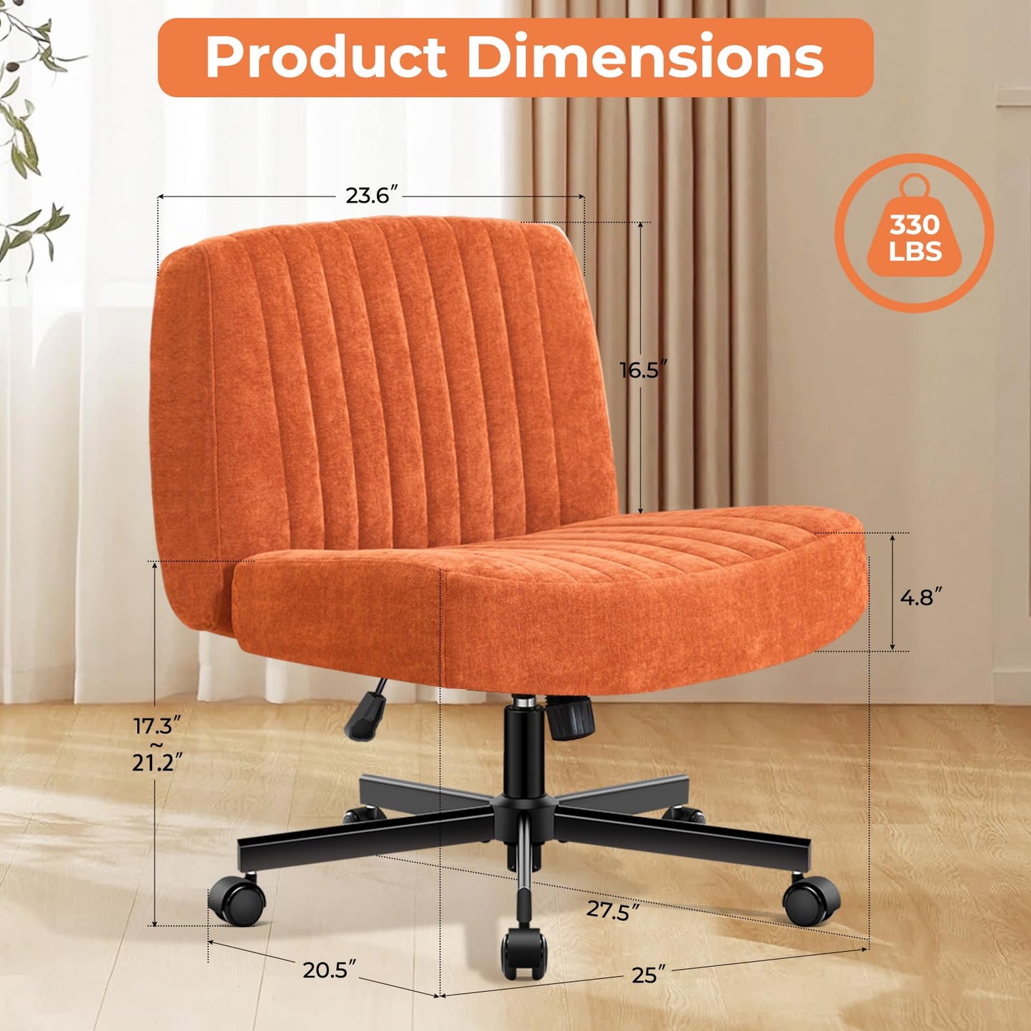 shipborne Convertible Base Criss Cross Chair with Pocket Springs & Thicker and Wider Cushions, Armless Legged Office Chair Relieves Back Pain, Swivel Vanity Chair for Living Room/Office, Orange