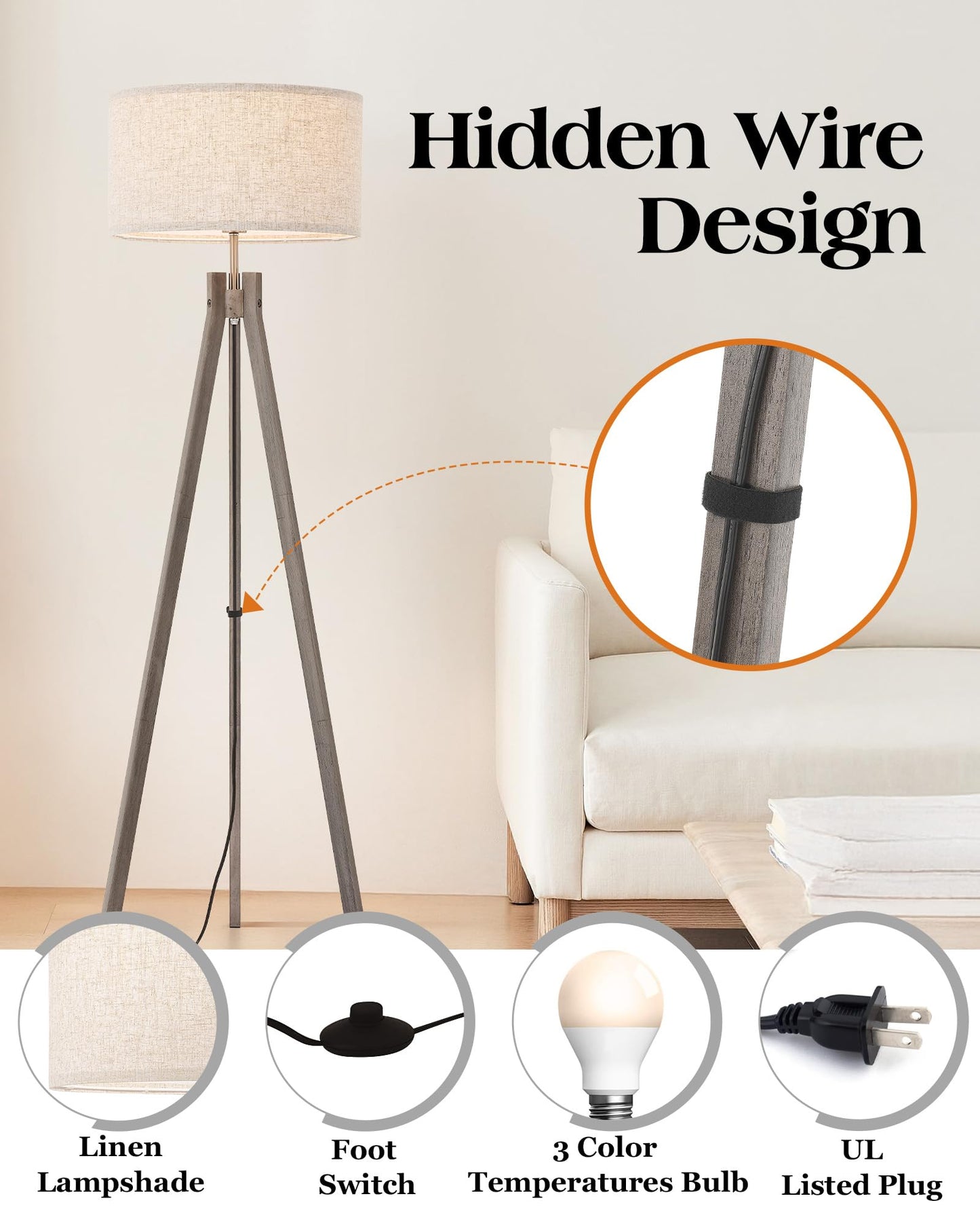 ELYONA Farmhouse Wood Tripod Floor Lamp, Modern Reading Standing Lamp with 3 Color Temperatures LED Blub & Nature Linen Shade, Night Light for Living Room, Bedroom, Study Room, Office, Grey