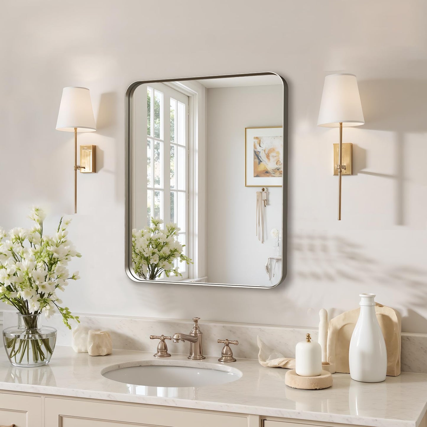 Kosmonia 20"x16" Bathroom Mirror, Brushed Nickel Rounded Rectangle Vanity Mirror, Anti-Rust Aluminum Framed, Wall Mounted Mirror for Over Sink, Hangs Horizontally or Vertically