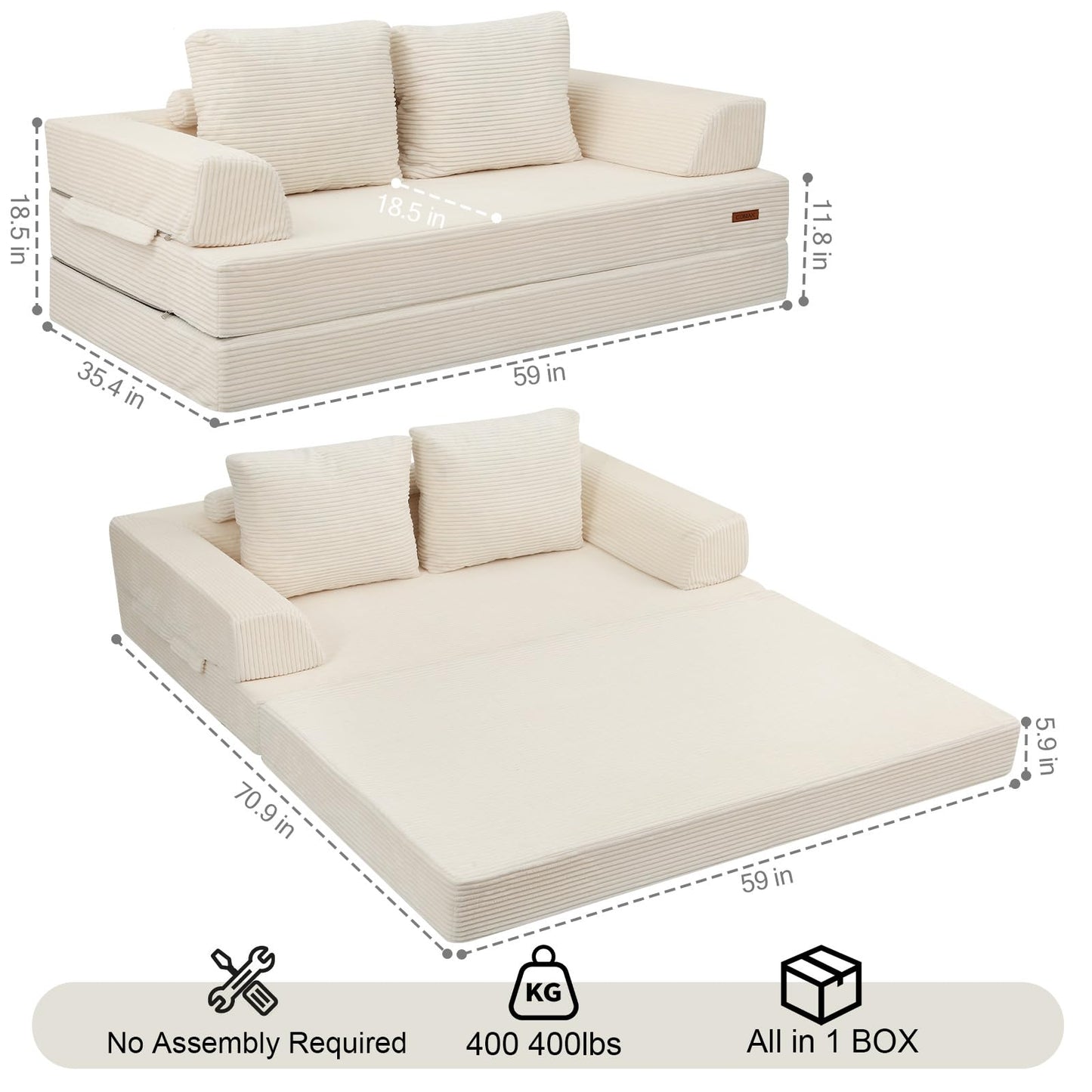 COMAX Futon Sofa Bed, Convertible Folding Sofa Bed, Boneless Couch Loveseat Corduroy with Pillows, Small Foldable Floor Couch Comfy Lounge Sleeper for Living Room Bedroom, Beige