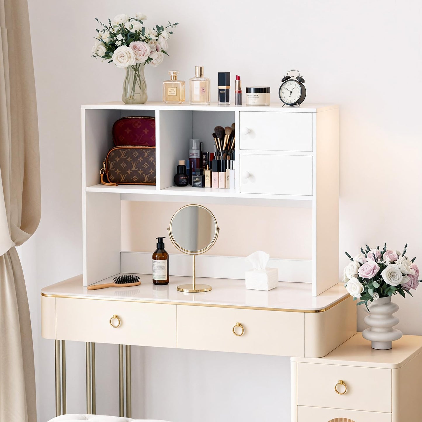 YGYQZ White Desk Hutch with 4 Storage Shelves, Desktop Bookshelf & Monitor Stand for Home Office, Space Saving Desk Organizer for Study Room, Dorm & Gaming Desk