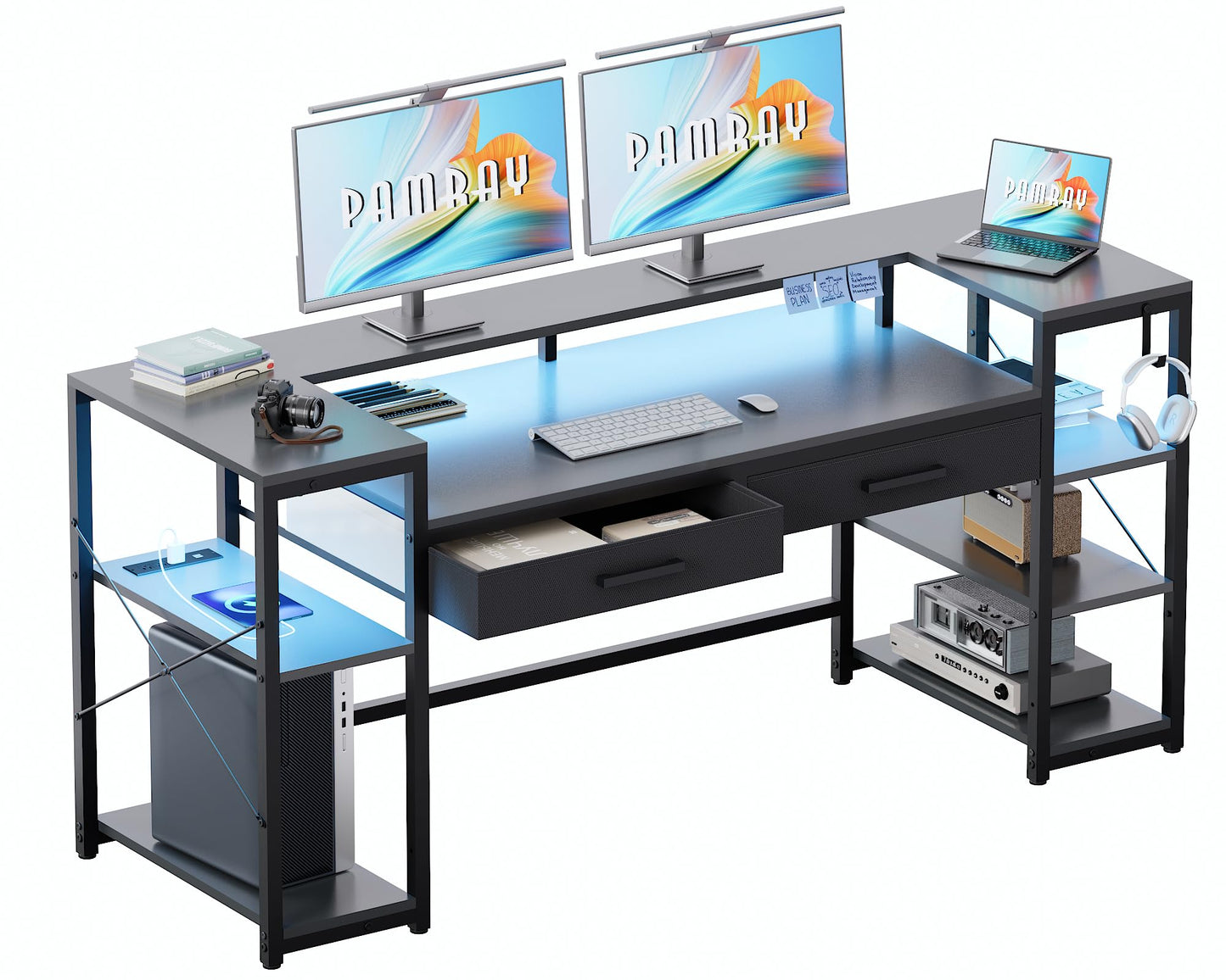 Pamray 58 Inch Computer Desk with Monitor Stand and Shelves Gaming Desk with LED Lights & Power Outlets PC Vanity Table with 2 Drawers for Home Office Grey