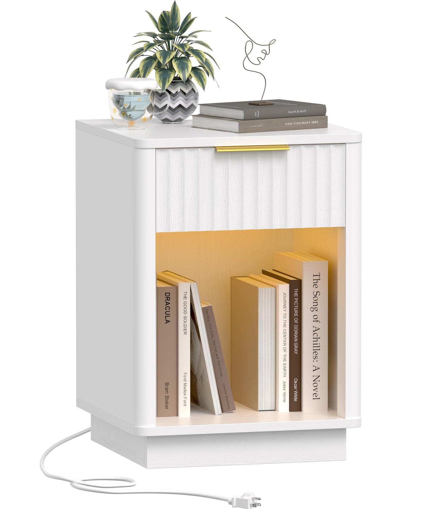 Akxomel Fluted Nightstand, Wooden Night Stand with Charging Station and LED Light, Modern Mid Century End Table with Drawer, 15" D x 15.7" W x 22.6" H, for Bedroom, White