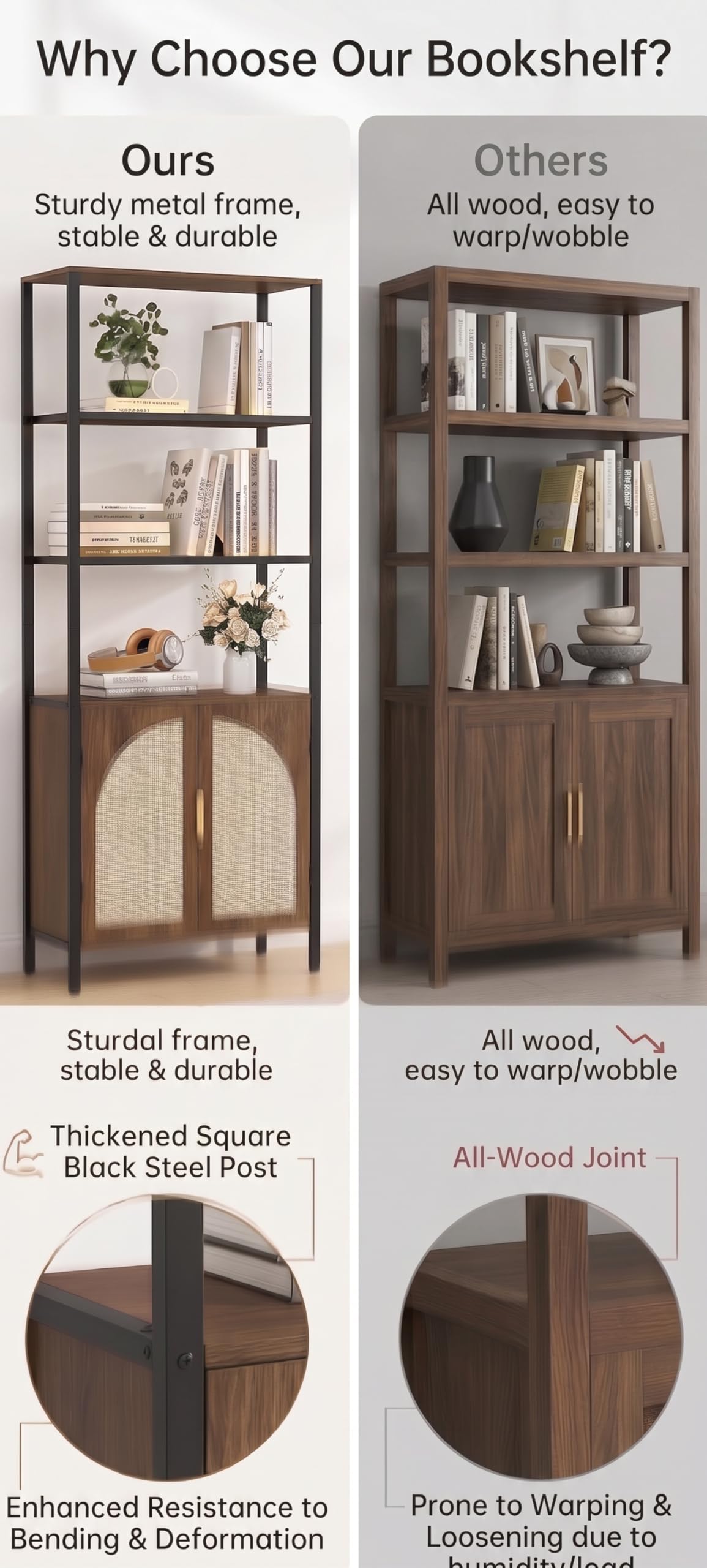 Qriocioa 71" Tall Rattan Bookcase with LED Light, 3 Open Shelves & 2 Door Storage Cabinet, Mid Century Boho Bookshelf, Open Display Bookcase for Living Room, Home Office, Bedroom