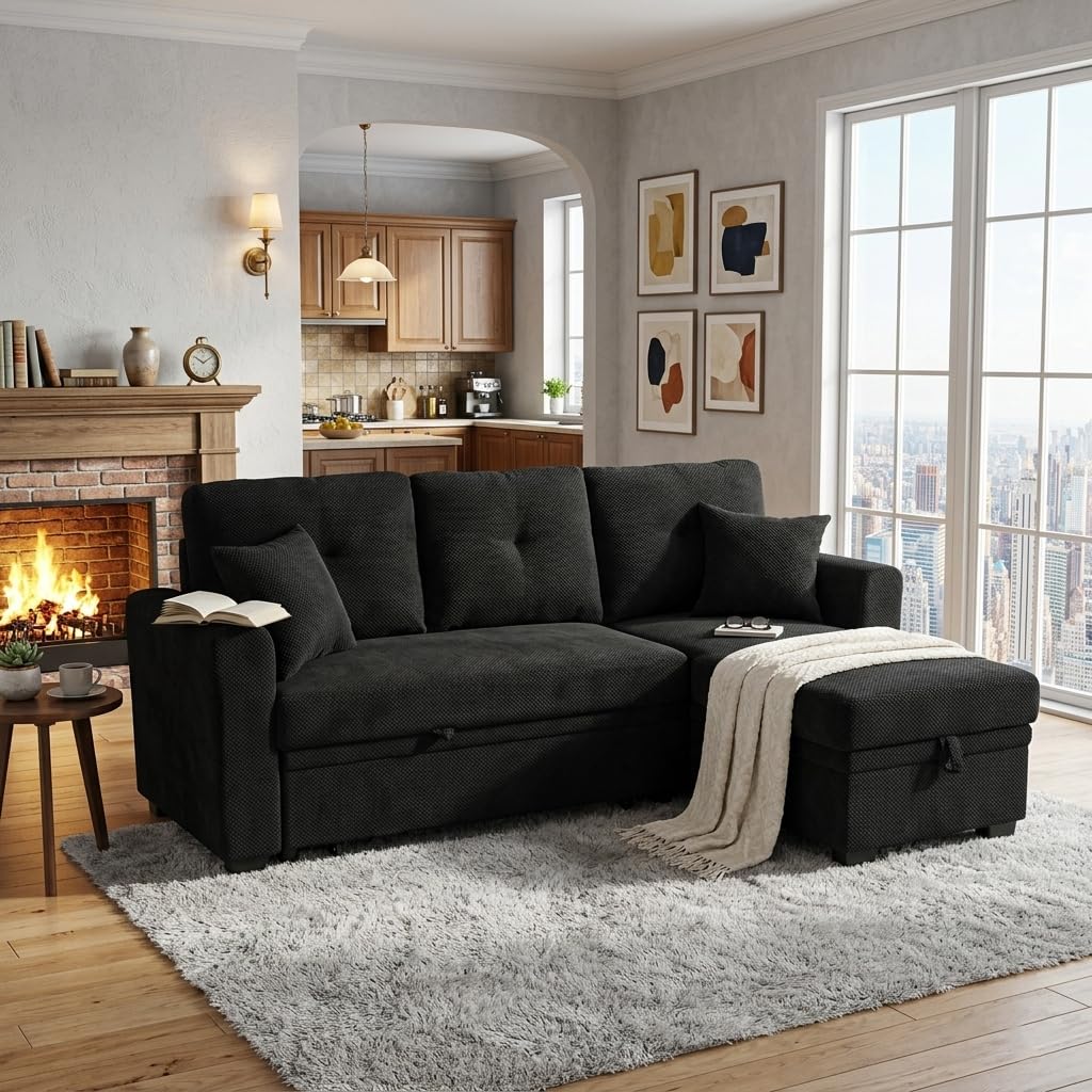 WuerQi 71" Sofa Bed with Queen Size Pull Out Couch, Sectional Sleeper Sofa with Reversible Storage Chaise, L Shaped Couch for Living Room, Apartment and Small Spaces (Black-L)