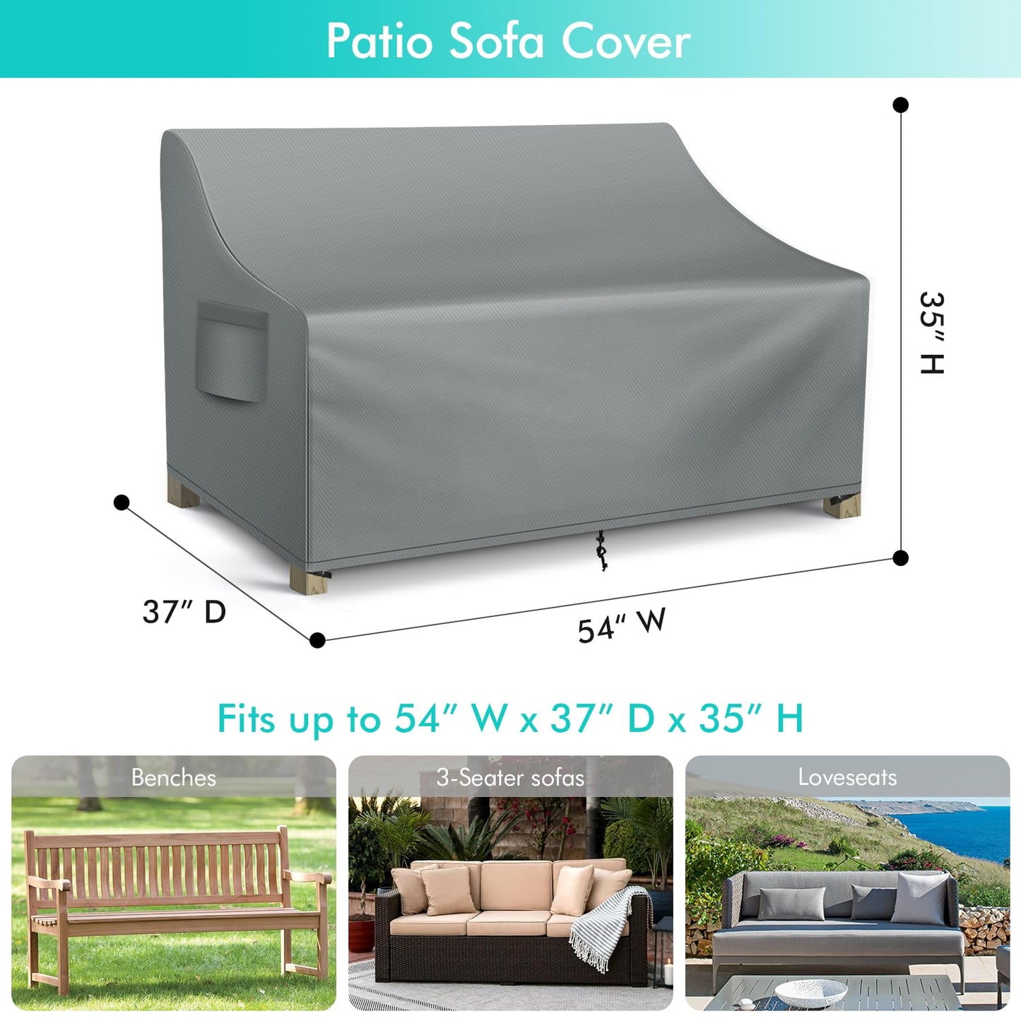 WLEAFJ Patio Sofa Cover Waterproof, Outdoor Loveseat Cover, Heavy Duty Outdoor Couch Cover, Large Lawn Patio Furniture Covers with Air Vent, 54’’ W x 37’’ D x 35’’ H, Grey