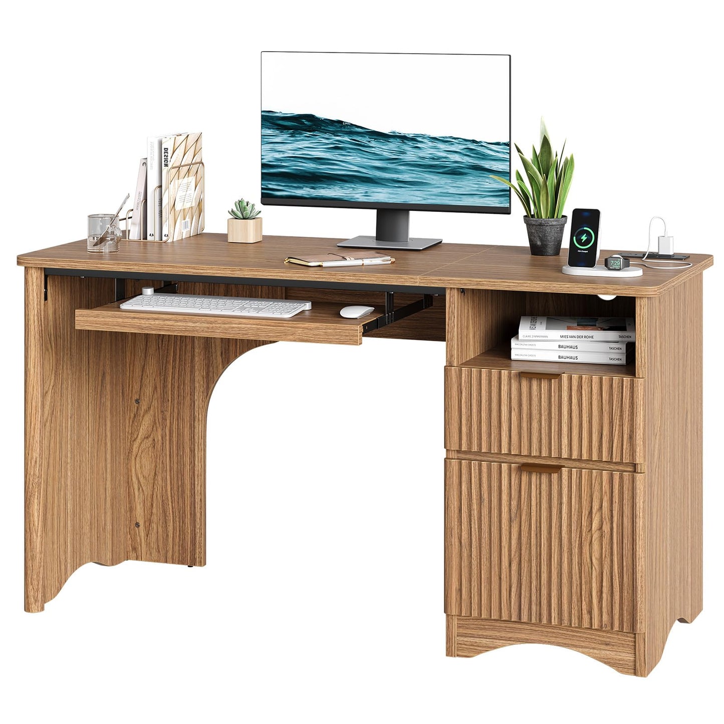 Bestier Computer Desk with Drawer, 55 inch Office Desk with Power Outlet, Modern Home Office Desk with Keyboard Tray (55" W with Single-Sided Drawers)