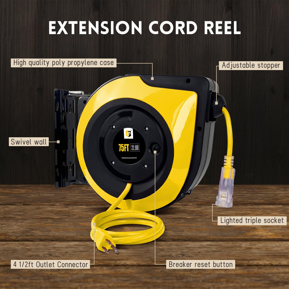EP Retractable Extension Cord Reel,75 Feet 14 AWG/3C SJTOW Heavy Duty Power Cord,10 AMP Circuit Breaker, 3-Lighted Triple Outlets,Ceiling or Wall Mount Use Indoor, Yellow