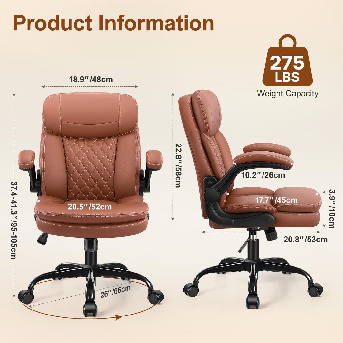 Leather Office Chair, Upgraded Double-Layer Seat Cushion and Neckrest PU Computer Desk Chairs, 360°Swivel, Ergonomic Small Gaming Chair with Wheels and Adjustable Armrests for Short People, Brown