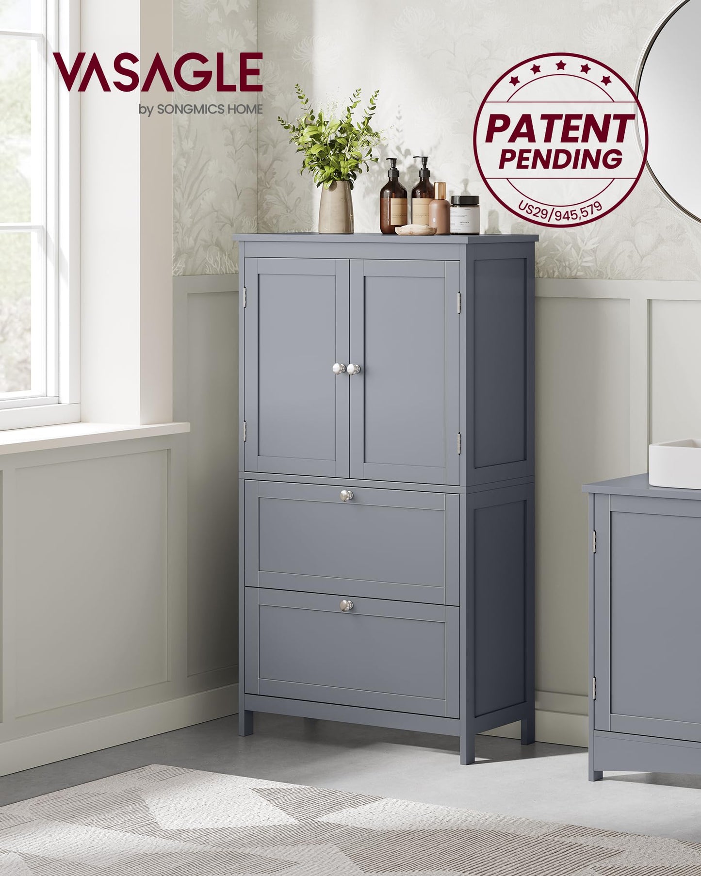 VASAGLE Floor Storage Cabinet, Freestanding Storage Unit with 2 Drawers and 2 Doors, Adjustable Shelf, 11.8 x 23.6 x 43.3 Inches, for Entryway, Bathroom, Dove Gray UBBC551G02V2