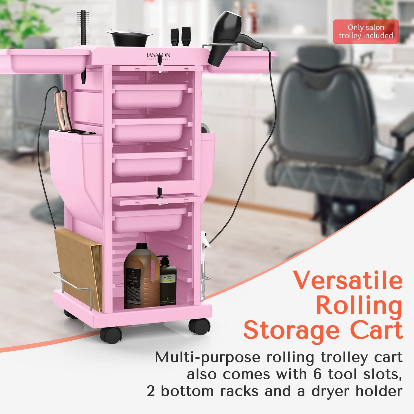 TASALON Professional Salon Trolley Cart, Lockable 6 Trays & 2 Holders, Space Saving Mobile Storage for Hair Salon and Beauty Station - Pink