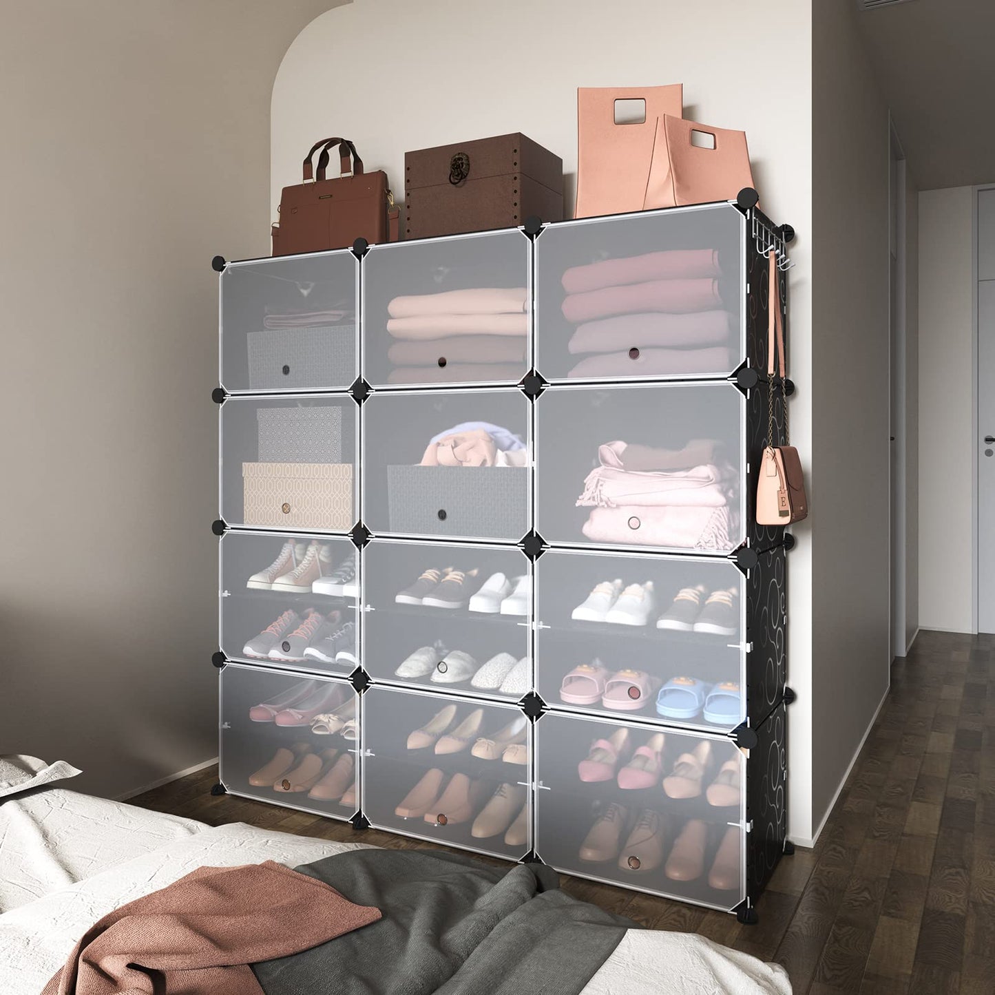 ROJASOP Portable 8-Tier Shoe Cabinet - 48-Pair Shoe Organizer with Expandable, Free Standing, Stackable Space Saving Design and 2 Exclusive Versatile Hooks for Bedroom