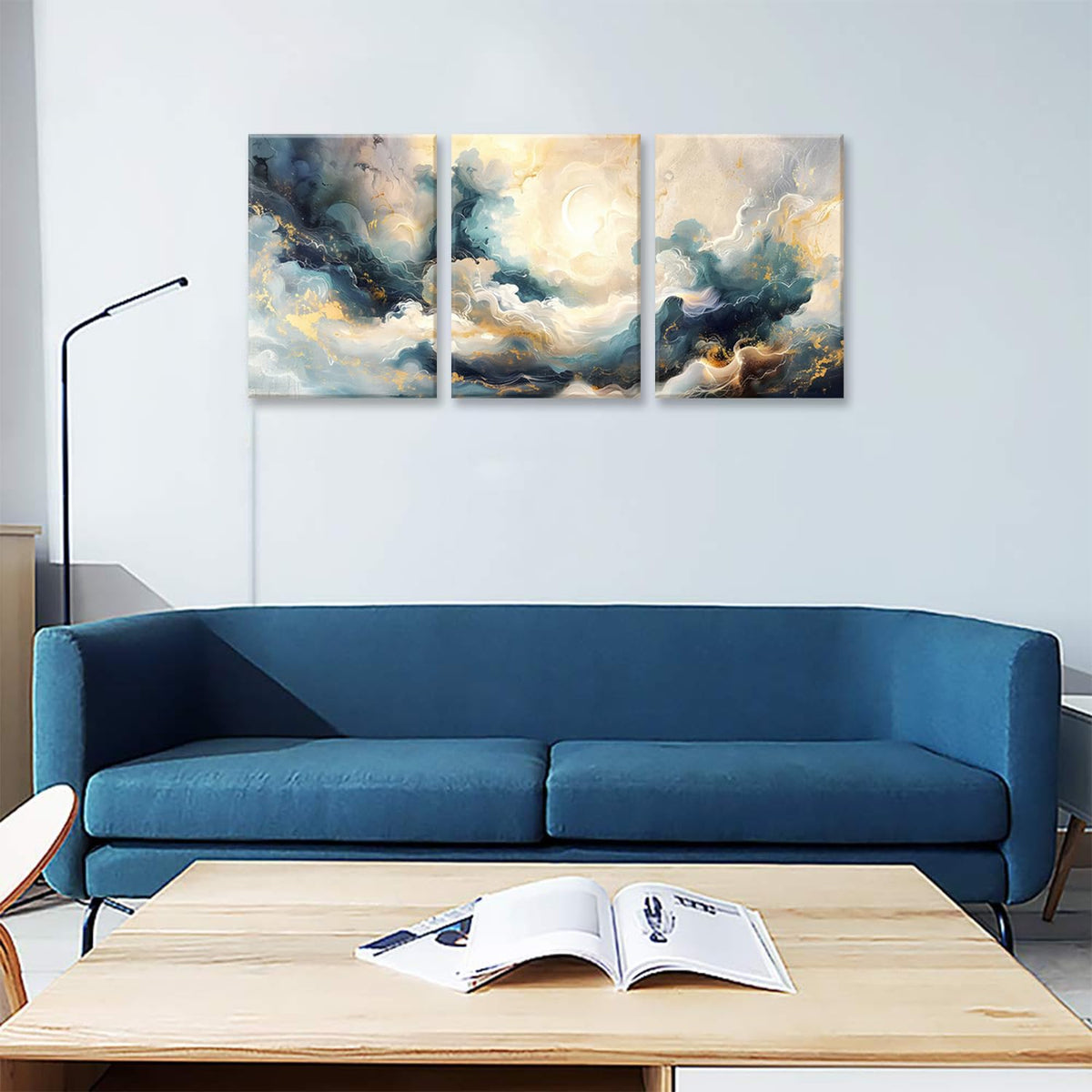 LYPHNX Framed Blue Abstract Fantasy Canvas Wall Art Minimalism Ink Painting Poster Set of 3 Modern ArtWork Navy Blue Gold Marble Prints Pictuer Wall Decor for Living room Bedroom Office Hotel 12"x16"