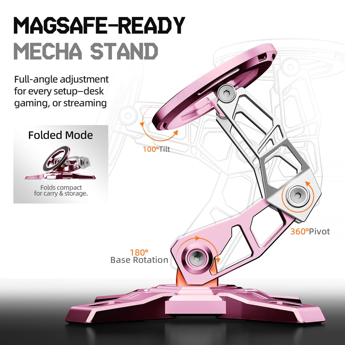 PEAKZOOC Desk Phone Stand, All-Metal Steel-Bone Design, Compatible with MagSafe, for Style-Driven Desk Setup, Studio, Office, and Creative Space, Neon Blush Pink