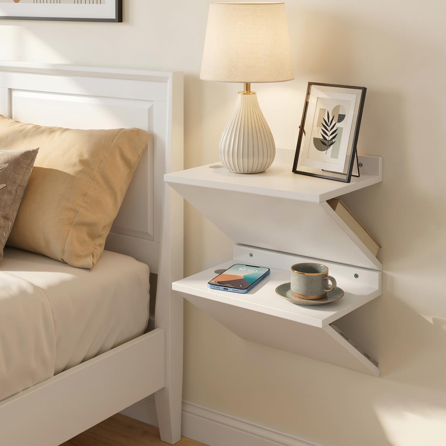 Petrala Floating Nightstand Set of 2, White Wall Mounted Bedside Table Modern Minimalist Nightstands Shelf Narrow Wood Floater Night Stand Small Side Table Pine End Table for Small Spaces Bedroom