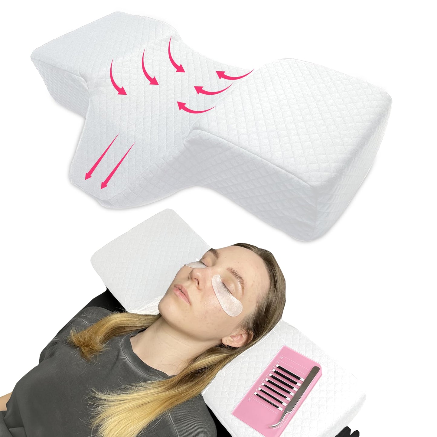 XOLLOZ Lash Pillow for Eyelash Extensions - Curved Memory Foam Bed Pillow, Ergonomic Head Rest with Neck Support, Side Pockets for Tools, Fits Lash Beds Tech – White